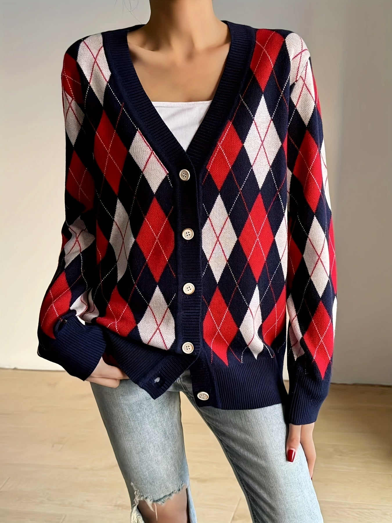 1pc Women'S Casual V-Neck Knit Cardigan - Polyester Plaid Pattern Button-Up Fall/Winter Sweater with Long Sleeves
