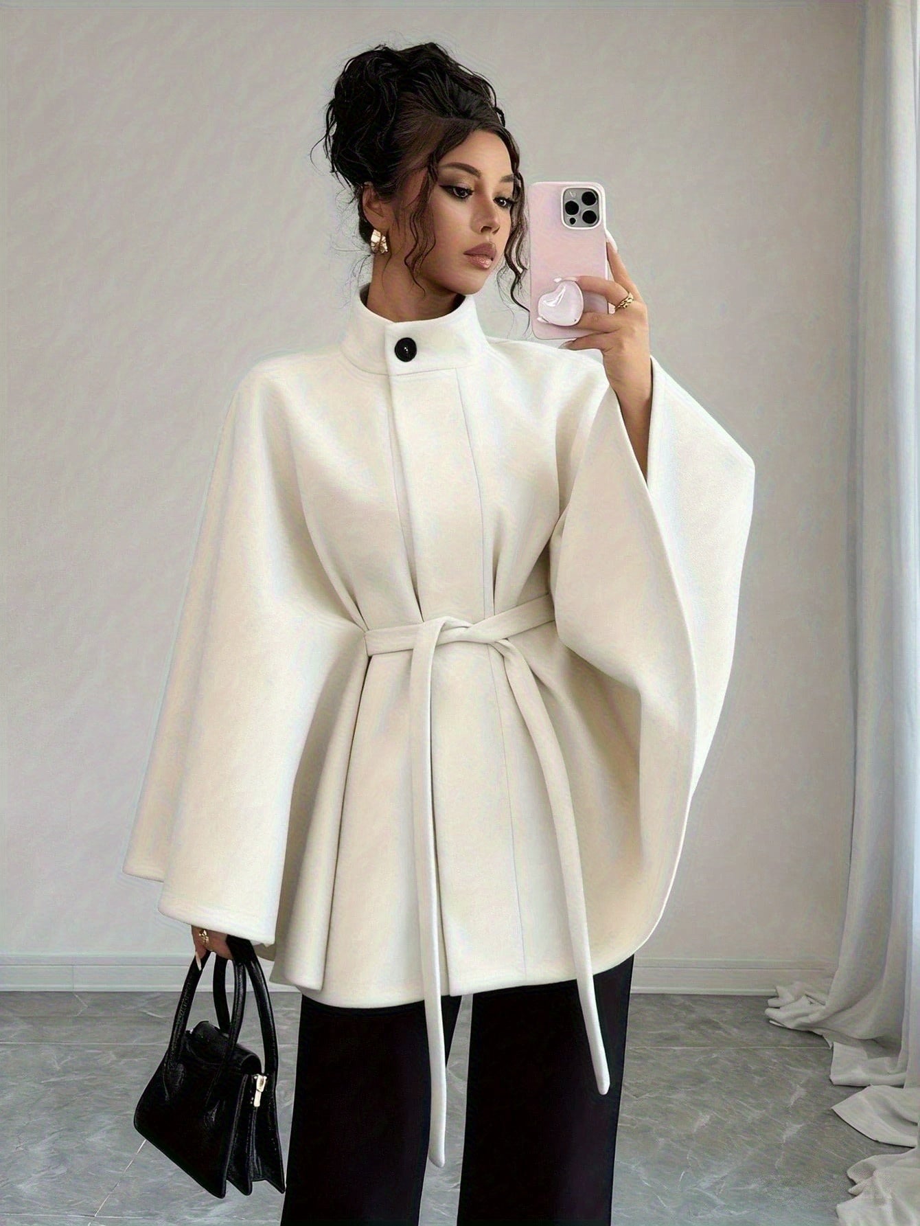 Women's Autumn Winter Elegant Plaid Solid Color Stand Collar Tie-Waist Shawl Cape Coat