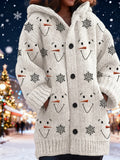 Women's Oversized Christmas Snowman Cardigan Sweater Coat - Cozy Winter Hooded Sweater with Snowflake & Snowman Print, Button Front Closure, Soft Warm Fabric for Holiday Parties & Casual Outfits ( with Snowmen) - Festive Winter Outerwear