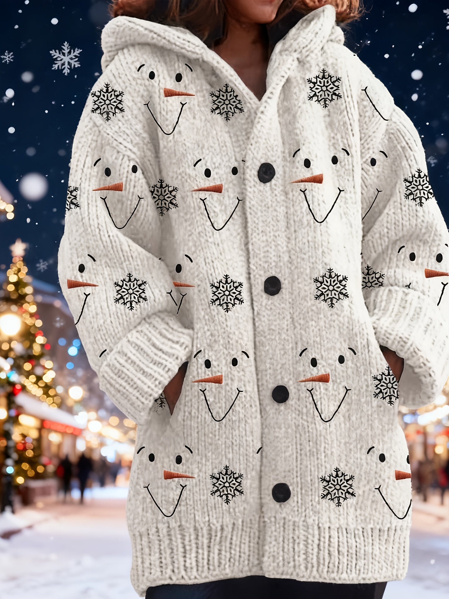 Women's Oversized Christmas Snowman Cardigan Sweater Coat - Cozy Winter Hooded Sweater with Snowflake & Snowman Print, Button Front Closure, Soft Warm Fabric for Holiday Parties & Casual Outfits ( with Snowmen) - Festive Winter Outerwear