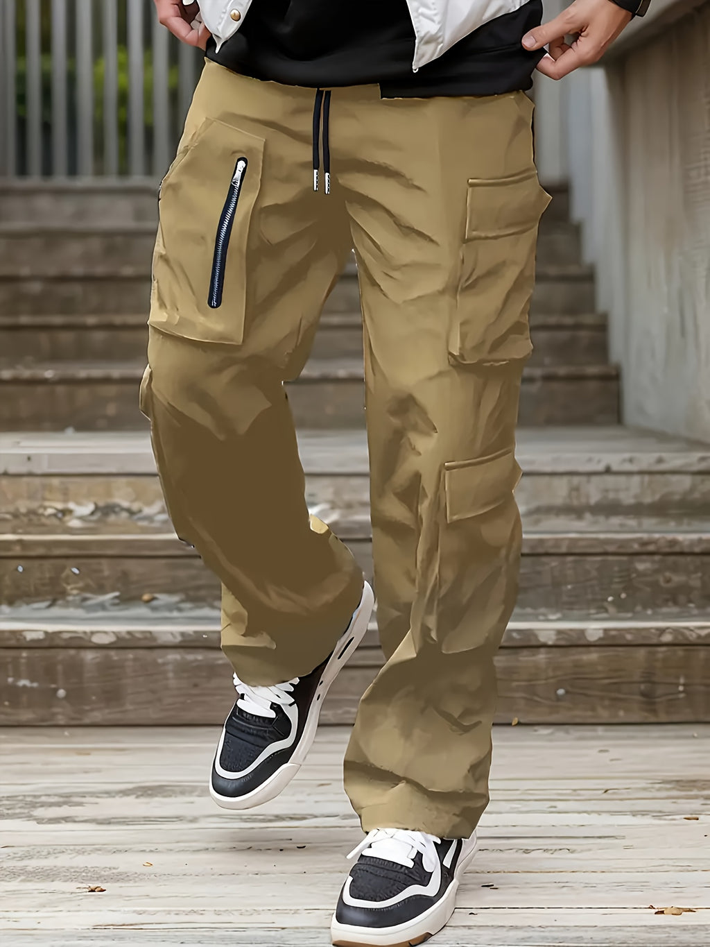 Men'S Fashion Cargo Pants, Polyester 100%, Solid Color, Loose Fit, Straight Leg, Drawstring, Multi-Pocket, Casual Slim Fit, Woven Fabric, 138g/m² - Sports Style