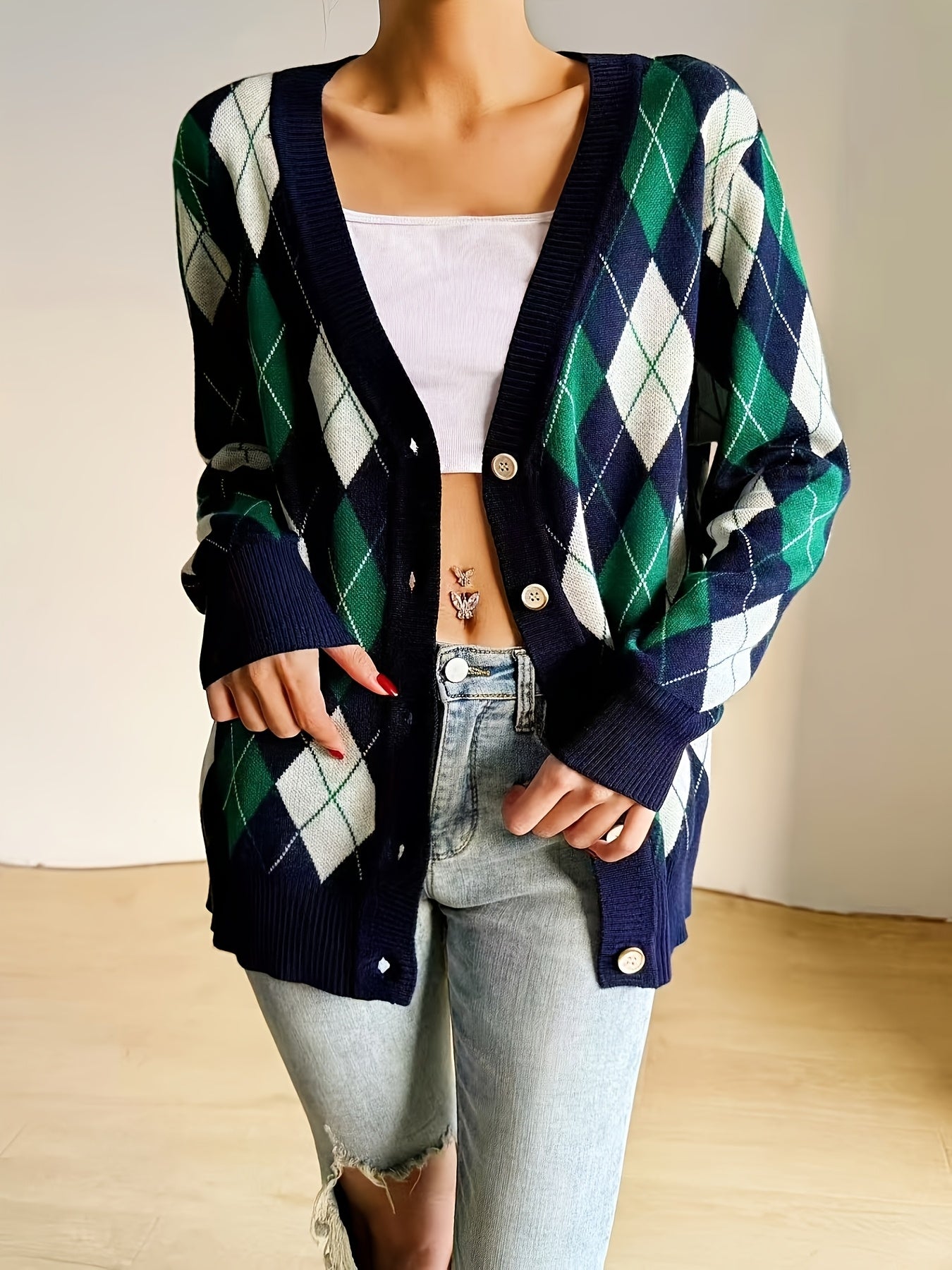 1pc Women'S Casual V-Neck Knit Cardigan - Polyester Plaid Pattern Button-Up Fall/Winter Sweater with Long Sleeves