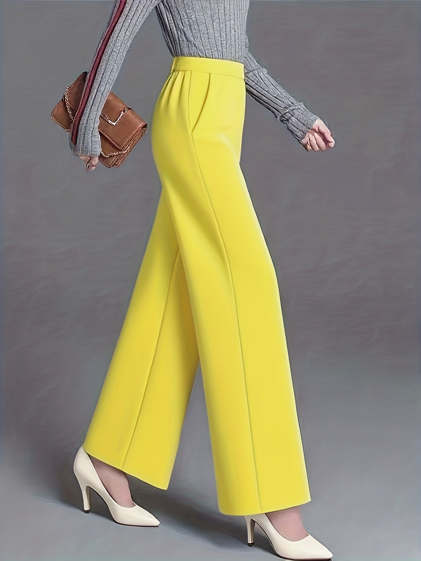 Plus Size - Plus-Size Women'S Elegant High-Waisted Wide-Leg Pants in Solid Pink/Navy Blue, Featuring a Tailored Straight Cut, Diagonal Pockets, Suitable for All Seasons, Office Casual Wear, Machine Washable, Designed Specifically for Curvy Figures.