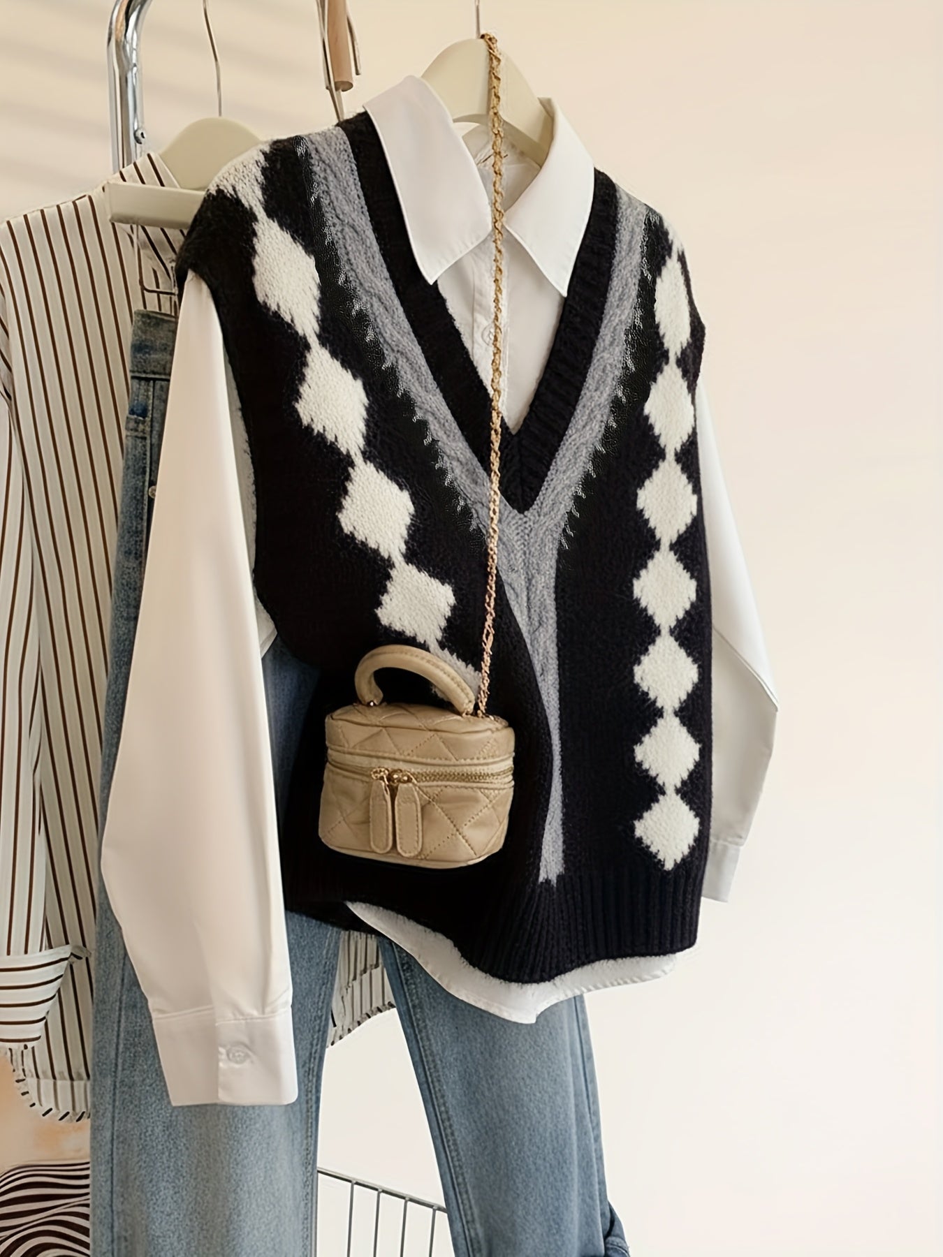 Vintage Elegant Sweater Vest | Argyle Pattern, V-neck, Color Block, Fall/Winter Collection by ELEGANTSUT