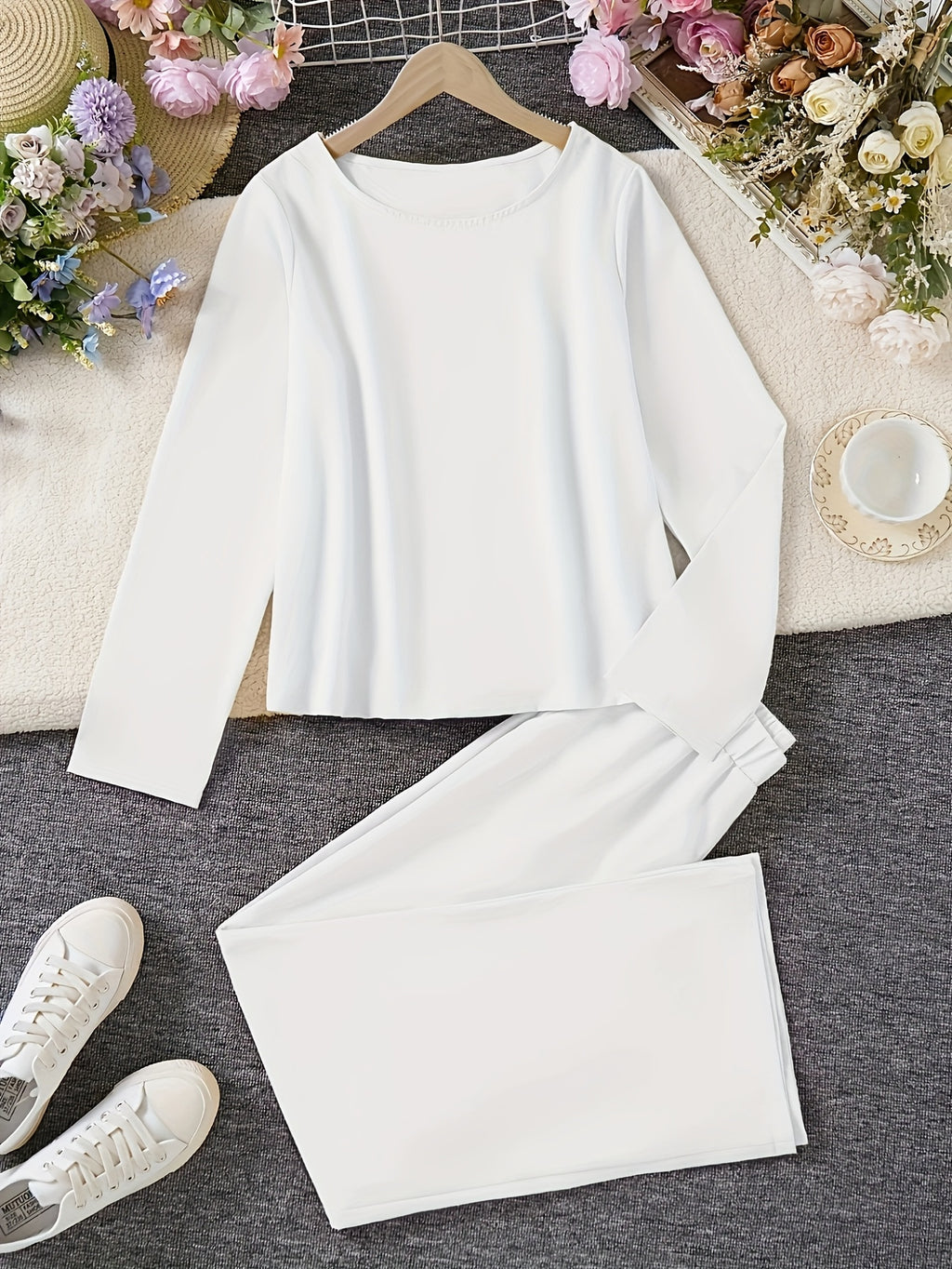 Women'S Casual Solid Color Long Sleeve Round Neck Top And Pants Set, Women'S Clothing