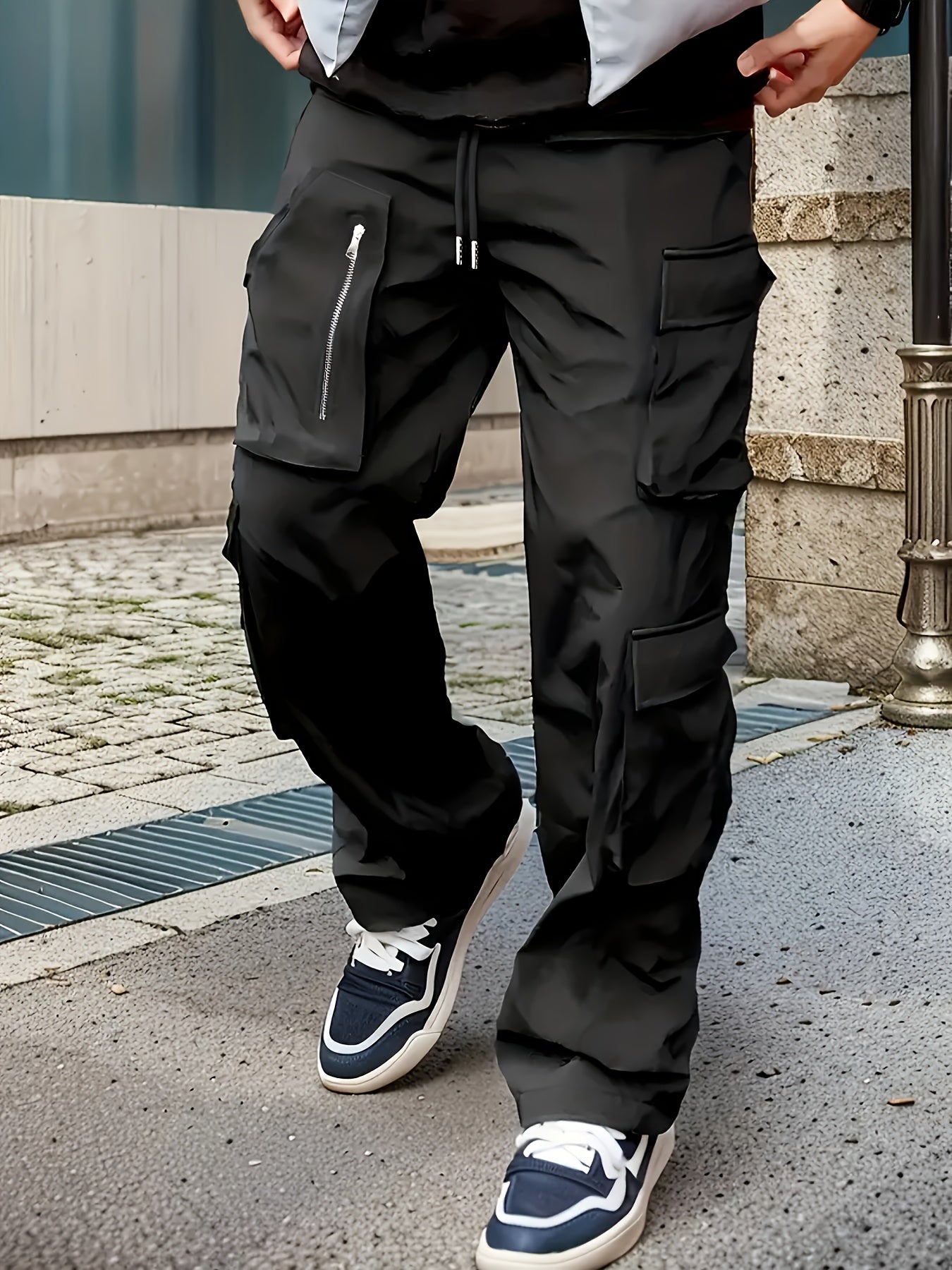 Men'S Fashion Cargo Pants, Polyester 100%, Solid Color, Loose Fit, Straight Leg, Drawstring, Multi-Pocket, Casual Slim Fit, Woven Fabric, 138g/m² - Sports Style