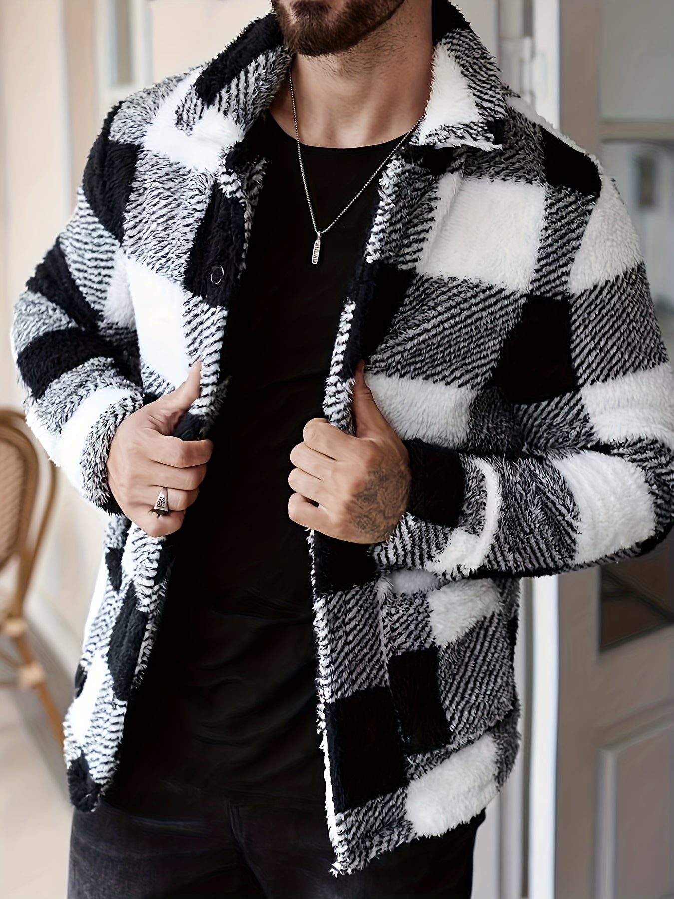 Men's Winter Casual Outerwear - Black & White Plaid Fleece Jacket - Soft Plush Coat with Button Front Closure - Loose Fit Long Sleeve for Cold Weather