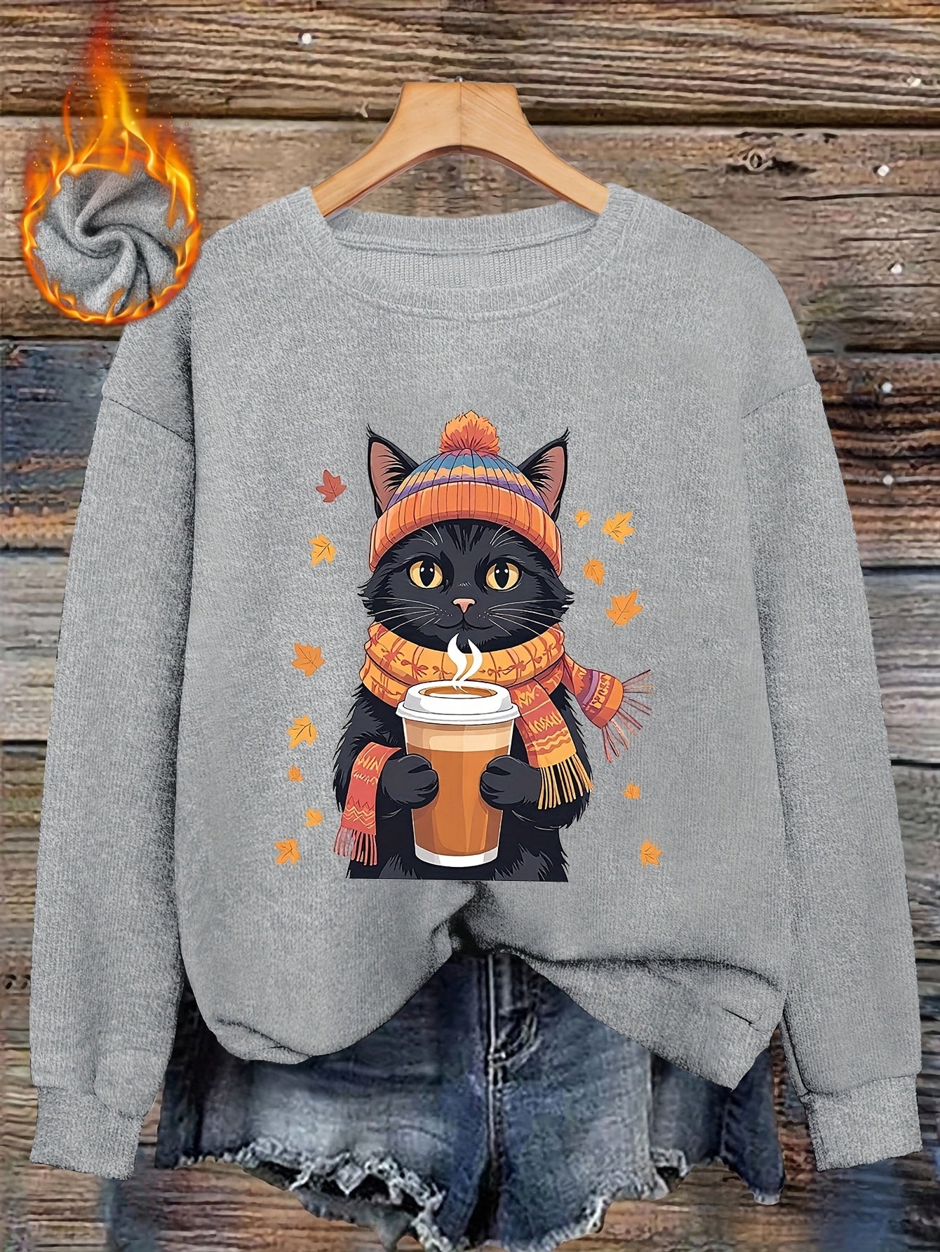 Autumn/Winter N - Coffee-Drinking Kitten Print Women's - Casual Round Neck Faux Fabric Top