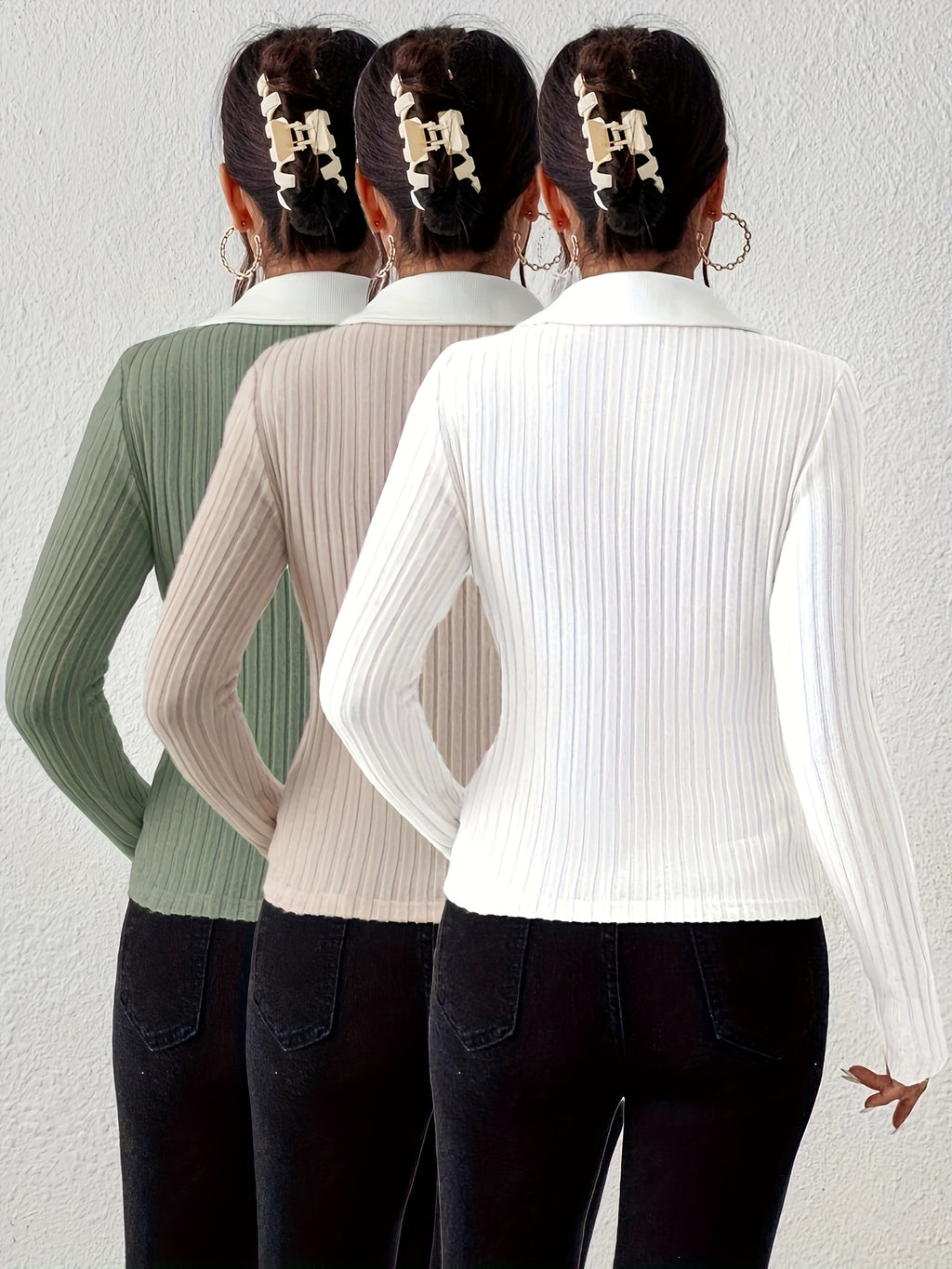 3pcs Set Women's Elegant Solid Color Ribbed Collar Casual T-Shirts for Spring and Autumn