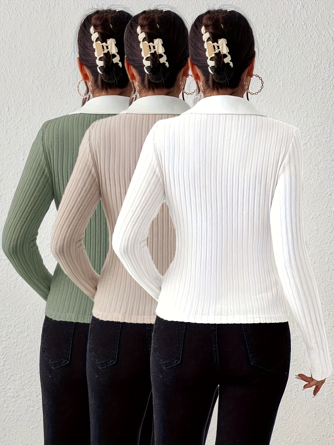 3pcs Set Women's Elegant Solid Color Ribbed Collar Casual T-Shirts for Spring and Autumn