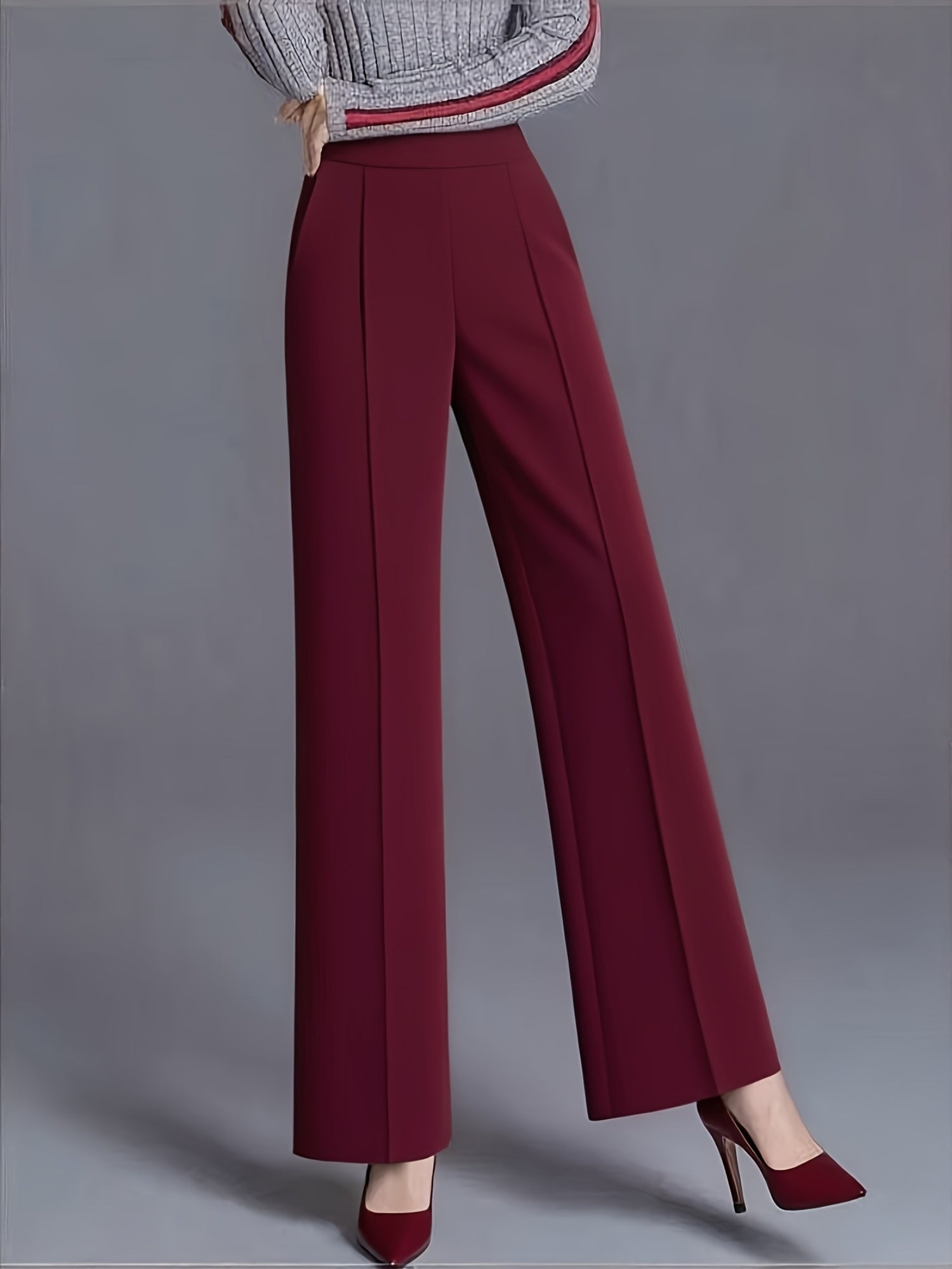 Plus Size - Plus-Size Women'S Elegant High-Waisted Wide-Leg Pants in Solid Pink/Navy Blue, Featuring a Tailored Straight Cut, Diagonal Pockets, Suitable for All Seasons, Office Casual Wear, Machine Washable, Designed Specifically for Curvy Figures.