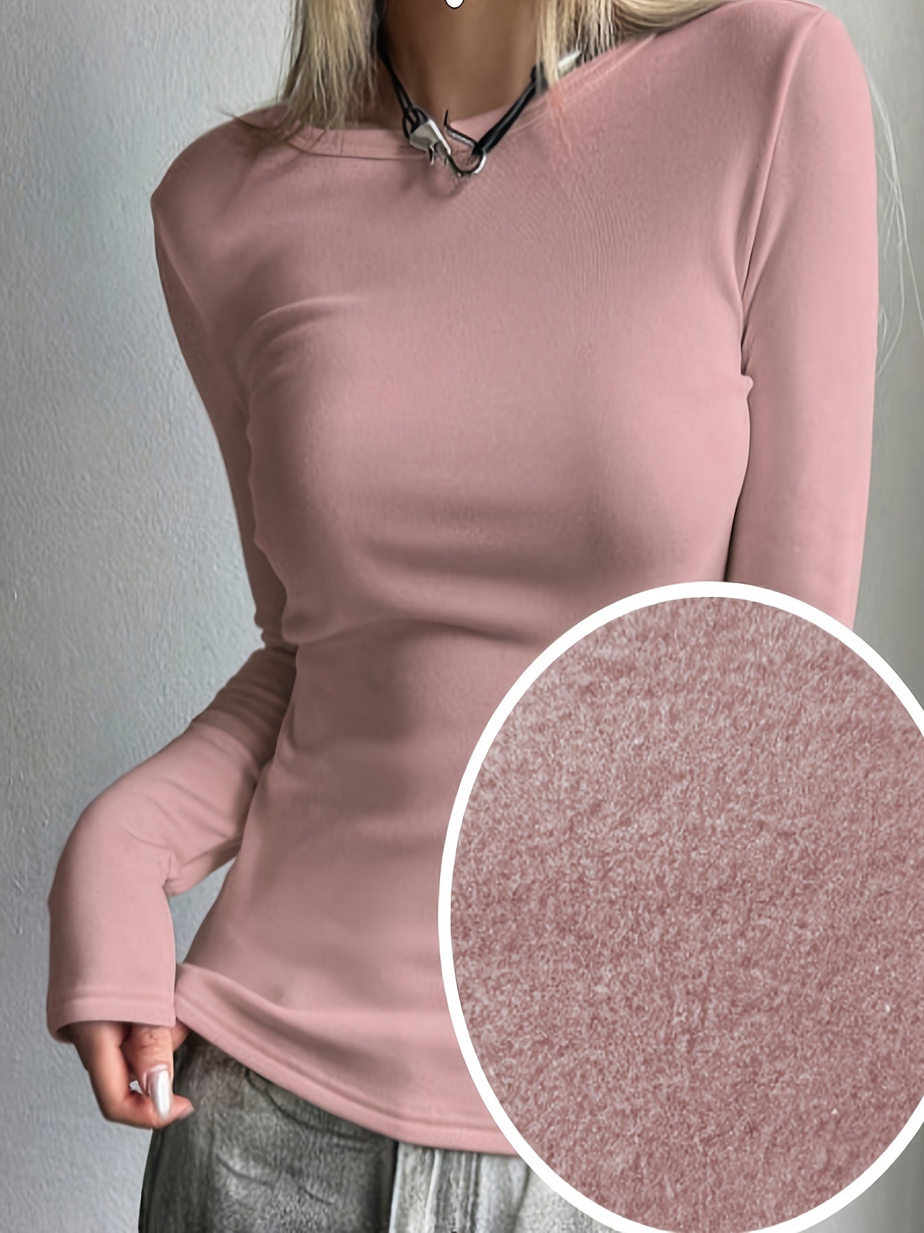 [Fleece-Lined Thermal] Women'S Cozy Fleece-Lined Long Sleeve Top - Soft Pink, Ribbed Texture, Button Detail, Perfect for Fall & Winter, Casual Style, Casual Wear|Ribbed Texture Top|Fleece Lined Top, Fleece/winter Top For Women, Thermal Wear/inner Wear For