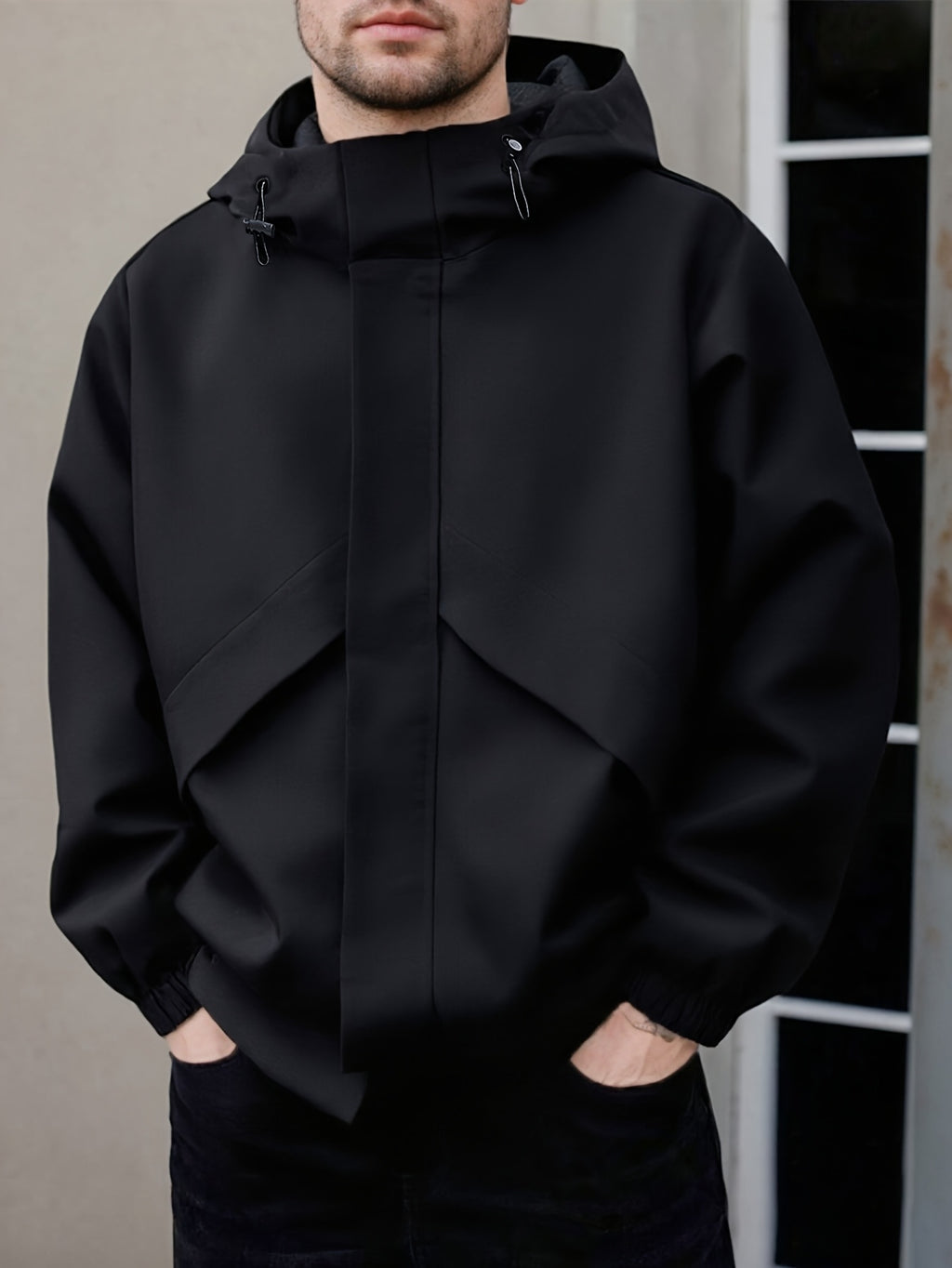 Men'S Lightweight Hooded Jacket - Full-Zip Outdoor Coat with Adjustable Hood, Zippered Pockets - Windproof Casual Workwear for Hiking, Urban Commute - Black (Spring/Fall Transitional Layering), Hiking Gear, Durable Polyester Lining