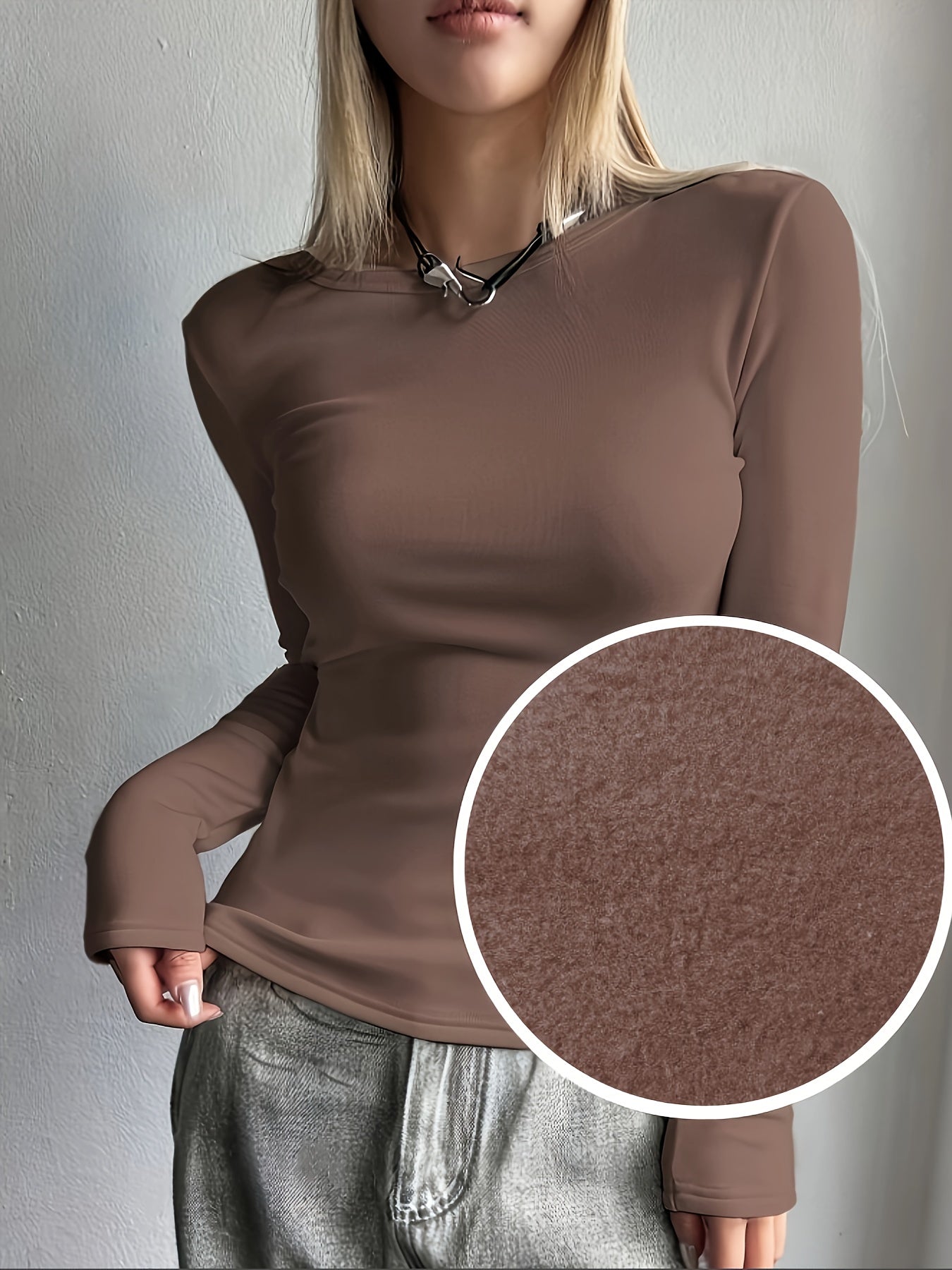 [Fleece-Lined Thermal] Women'S Cozy Fleece-Lined Long Sleeve Top - Soft Pink, Ribbed Texture, Button Detail, Perfect for Fall & Winter, Casual Style, Casual Wear|Ribbed Texture Top|Fleece Lined Top, Fleece/winter Top For Women, Thermal Wear/inner Wear For