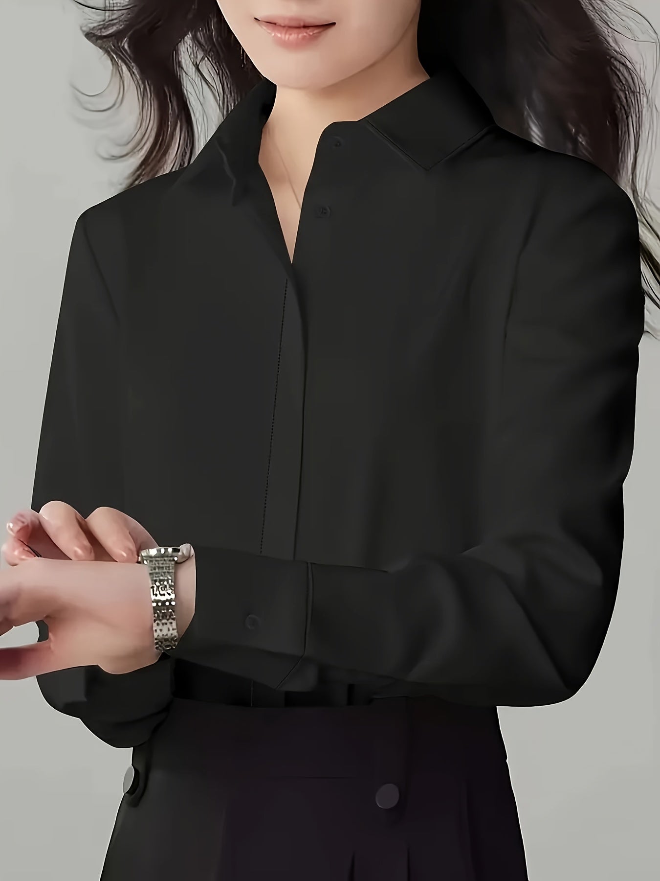 Women'S Long Sleeve Business Casual Shirt with Lapel Collar and Button Details | Solid Color, Regular Length, All-season Wear