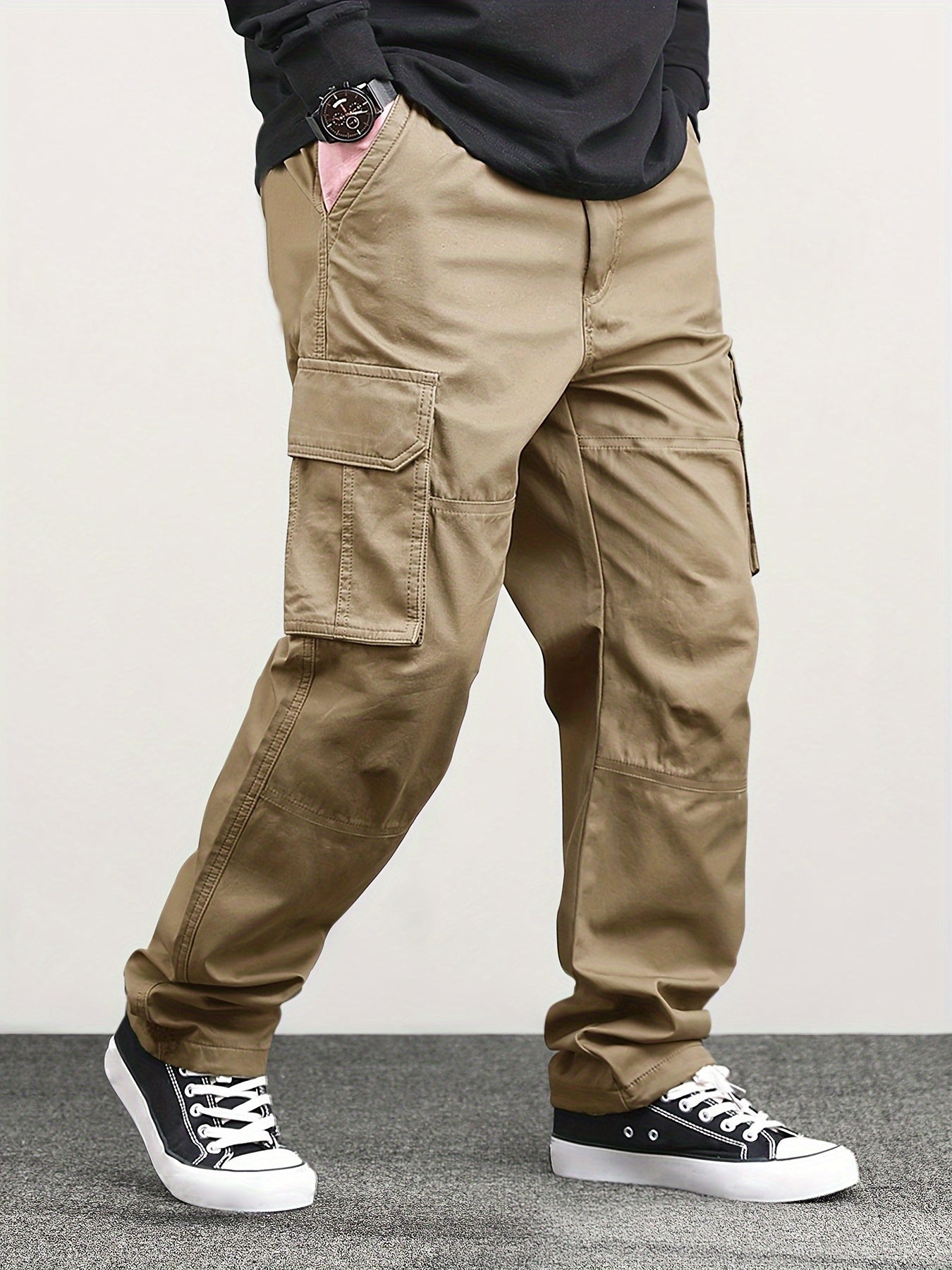 Men'S Solid Color Multi-Pocket Cargo Pants for All Seasons, Breathable And Comfortable Straight-Leg Trousers, Versatile Casual Bottoms for Men, Featuring Drawstrings And Side Pockets, Suitable for Everyday Wear And Outings