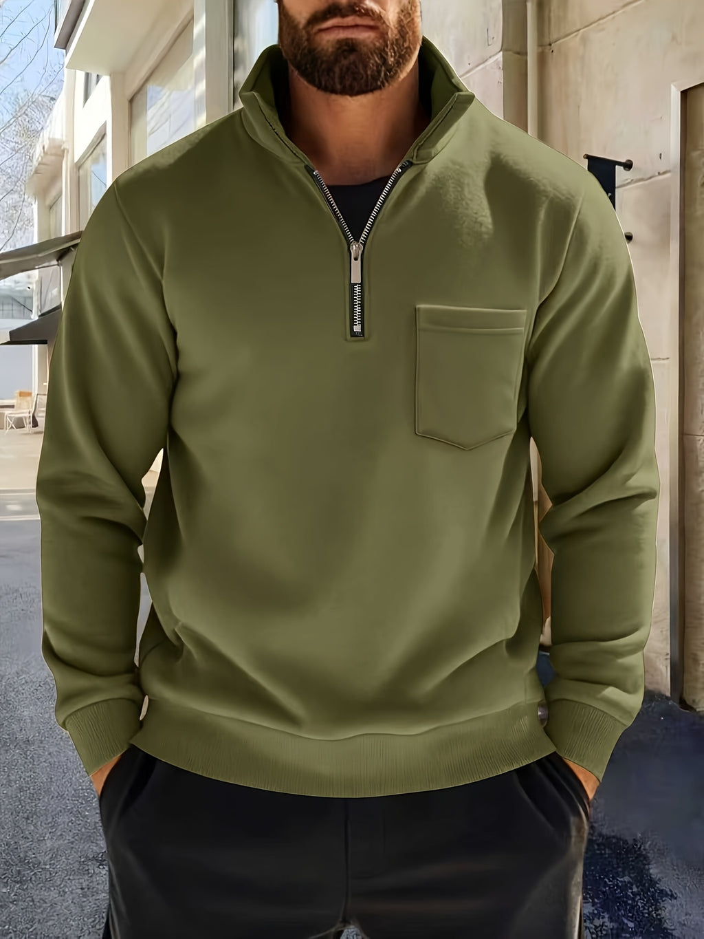 Men'S Thickened Long-Sleeve Shirt - Half-Zip, Versatile Long-Sleeve Polo Shirt, Casual And Adaptable, Featuring a Chest Pocket, Suitable for Autumn/Winter.