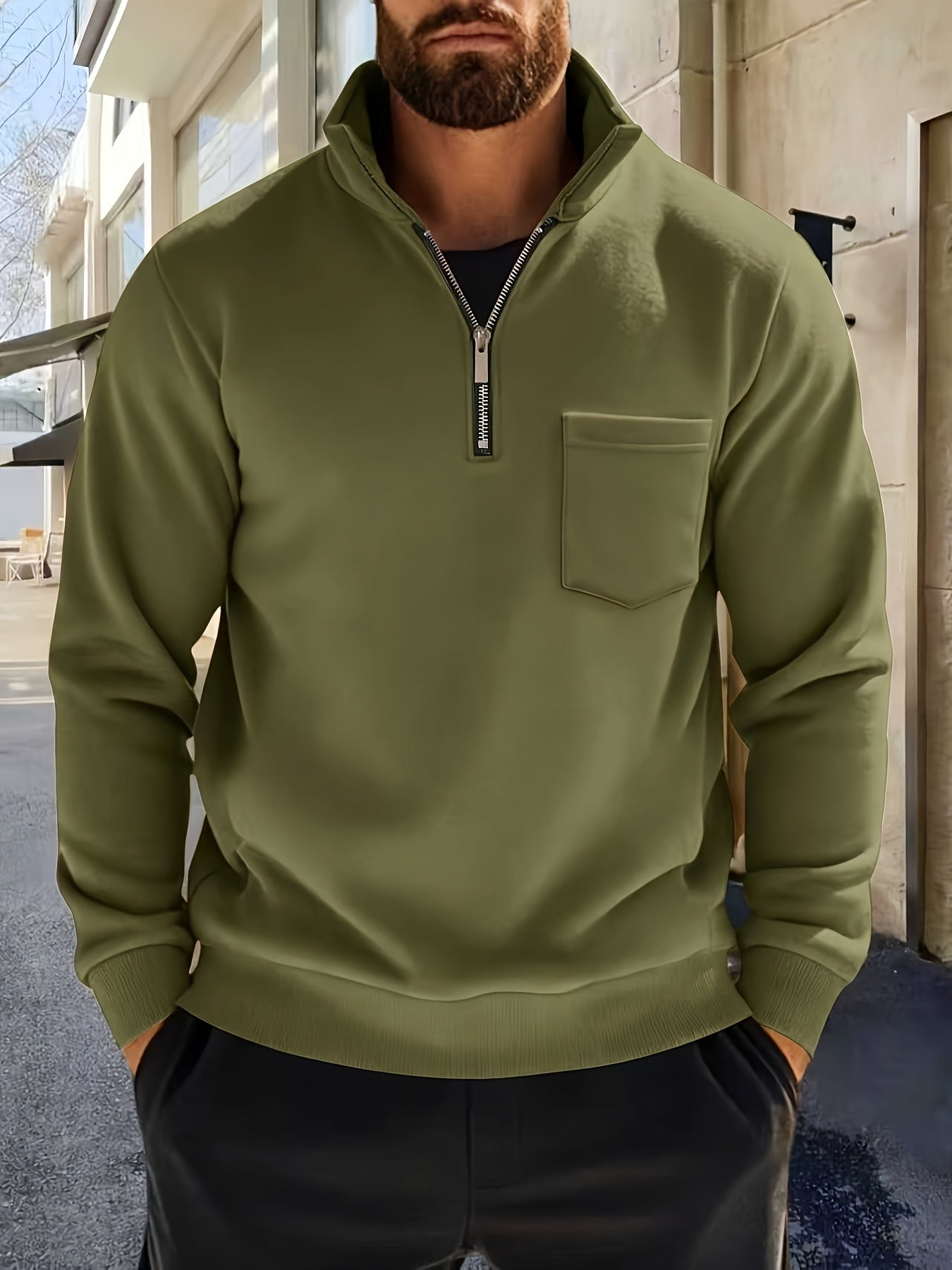 Men'S Thickened Long-Sleeve Shirt - Half-Zip, Versatile Long-Sleeve Polo Shirt, Casual And Adaptable, Featuring a Chest Pocket, Suitable for Autumn/Winter.