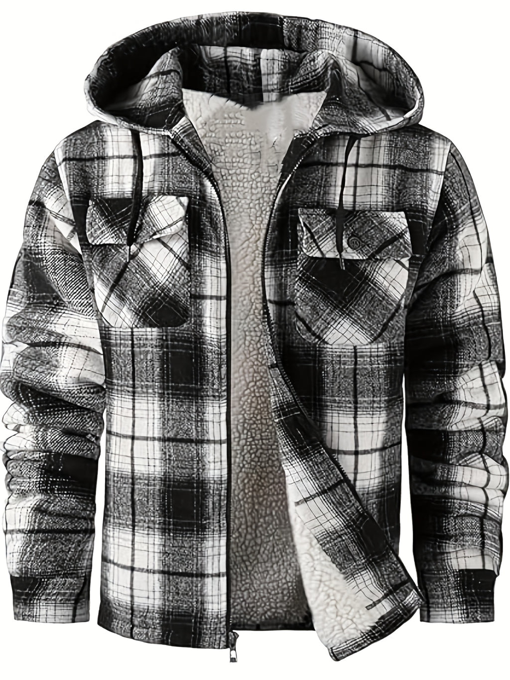 Men's Full-Zip Hooded Winter Sports Plaid Shirt with Fleece Sherpa Lining Warm Hooded Jacket