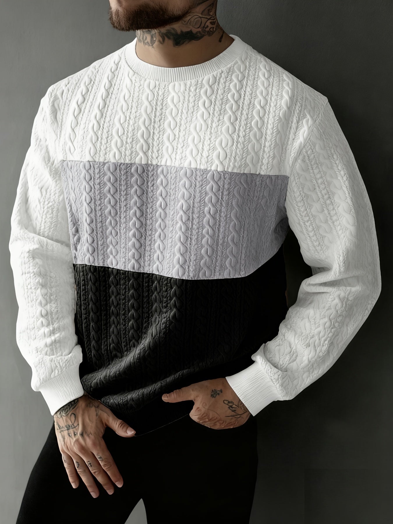 Men's Casual Crew Neck - Heart Pattern Sweatshirt - Long Sleeve with Regular Fit - Slight Stretch Fabric & Color Block Design - Perfect for Outdoor Jogging