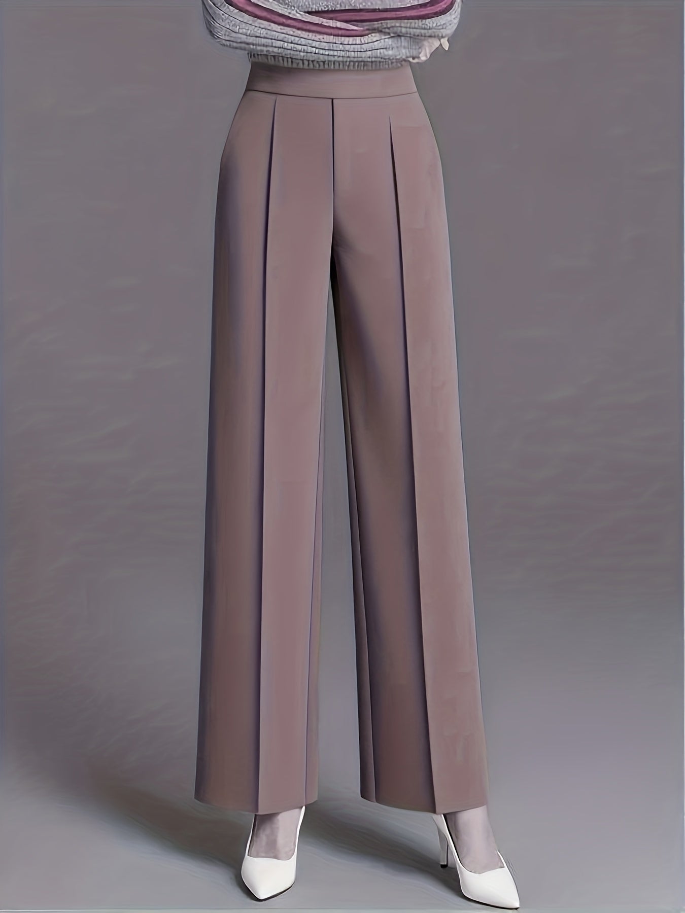 Plus Size - Plus-Size Women'S Elegant High-Waisted Wide-Leg Pants in Solid Pink/Navy Blue, Featuring a Tailored Straight Cut, Diagonal Pockets, Suitable for All Seasons, Office Casual Wear, Machine Washable, Designed Specifically for Curvy Figures.