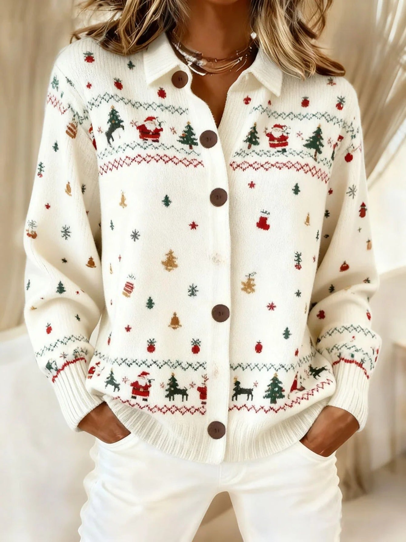 Women'S Vintage Christmas Cardigan Sweater - Santa & Tree Print with Snowflakes & Holly, Soft Warm Winter Coat for Holiday Parties, Cozy Button-Front Closure, Classic Collar & Base with Red/Green Patterns, Durable Knitwear for Casual Winter Outfits