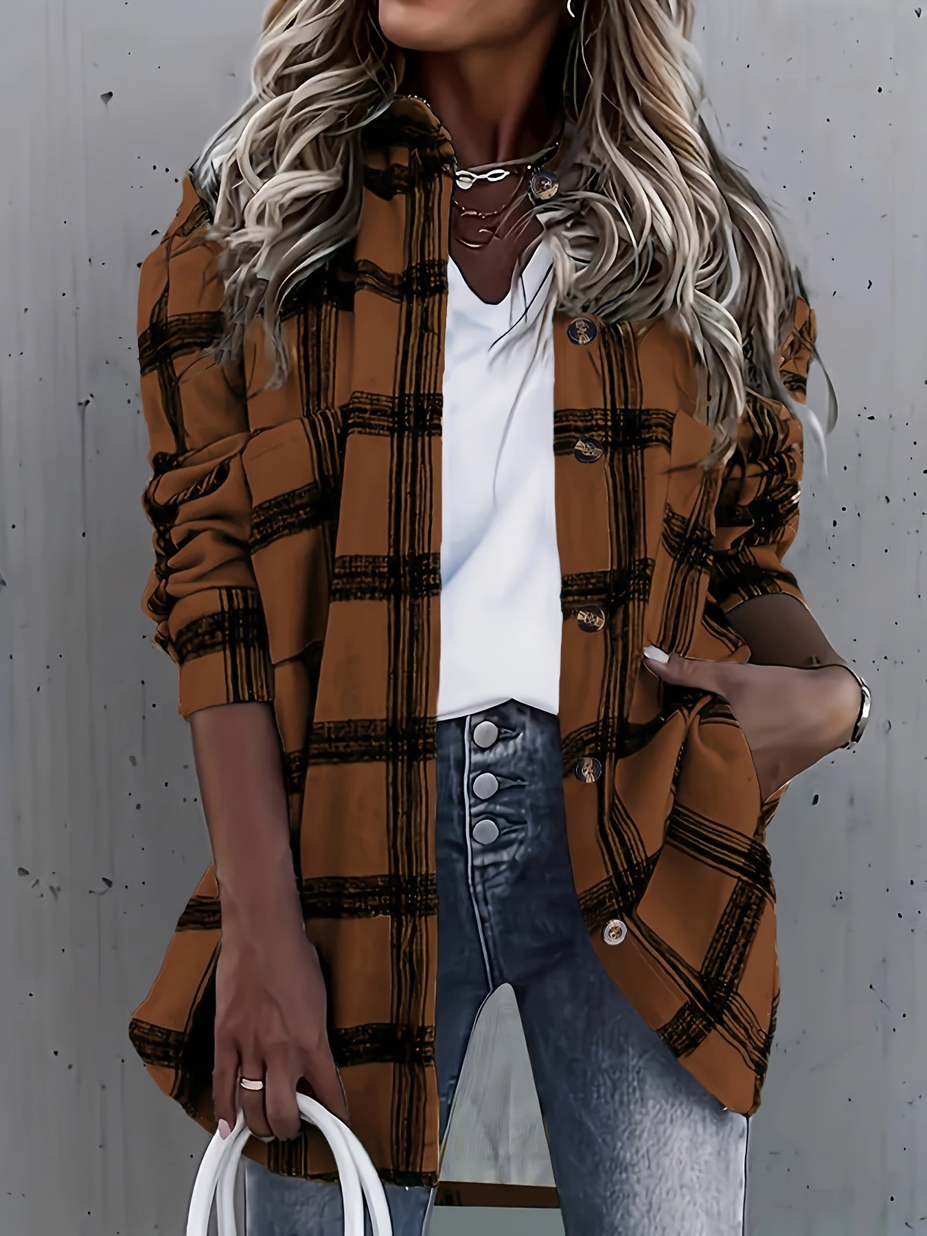 Stylish Casual Blue and White Plaid Print Long Sleeve Shirt with Pockets - Button-Up Collared, Polyester, Machine Washable, Loose Fit for All Seasons