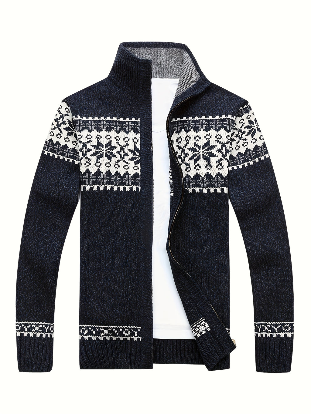 Men'S Casual Winter Knit Cardigan - Black with Intricate White Snowflake Pattern, Stand Collar, Long Sleeve, Zipper Closure, Perfect for Fall & Winter, Everyday Comfort|Stylish Winter Wear|Zippered Cardigan, Thick