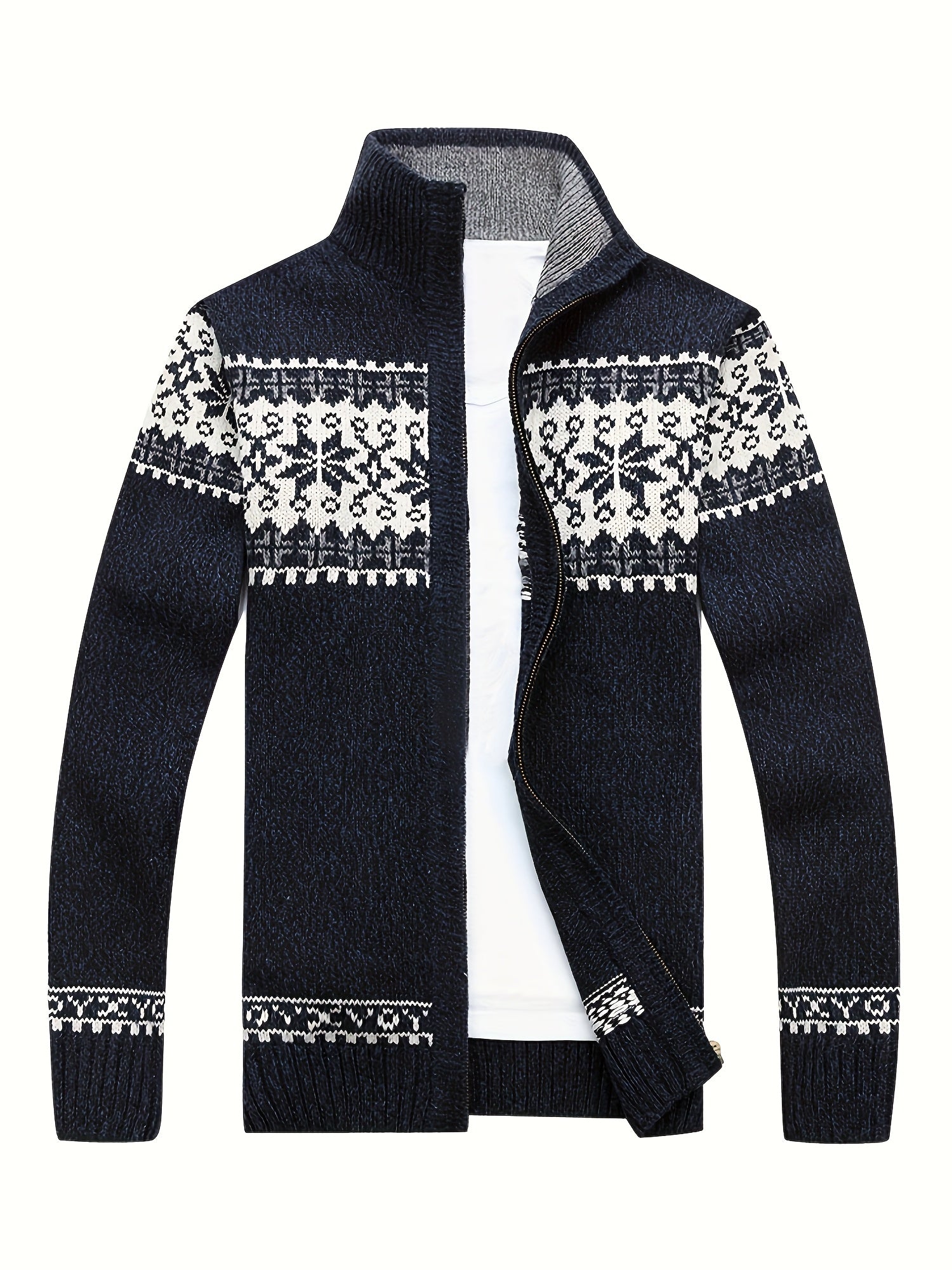 Men'S Casual Winter Knit Cardigan - Black with Intricate White Snowflake Pattern, Stand Collar, Long Sleeve, Zipper Closure, Perfect for Fall & Winter, Everyday Comfort|Stylish Winter Wear|Zippered Cardigan, Thick