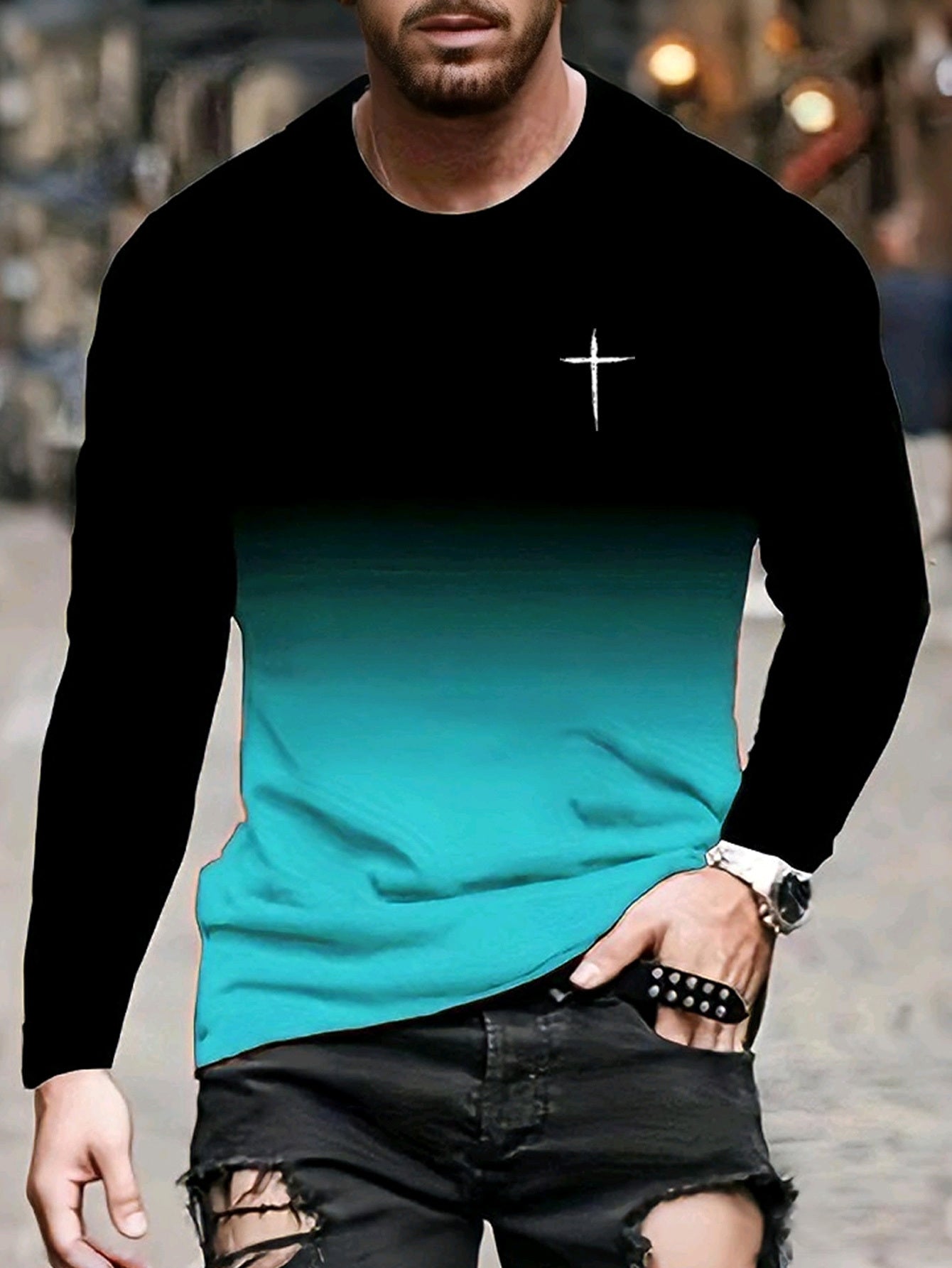 [Gradient Long Sleeve] Men'S Long Sleeve T-Shirt - Soft Stretch Fabric, Black to Turquoise/Orange/Gray Gradient, Formal & Halloween Costume Tee - Machine Washable Everyday Shirt for Year-Round Wear, Versatile Clothing, Stylish Top, Comfortable Fit, Pullov