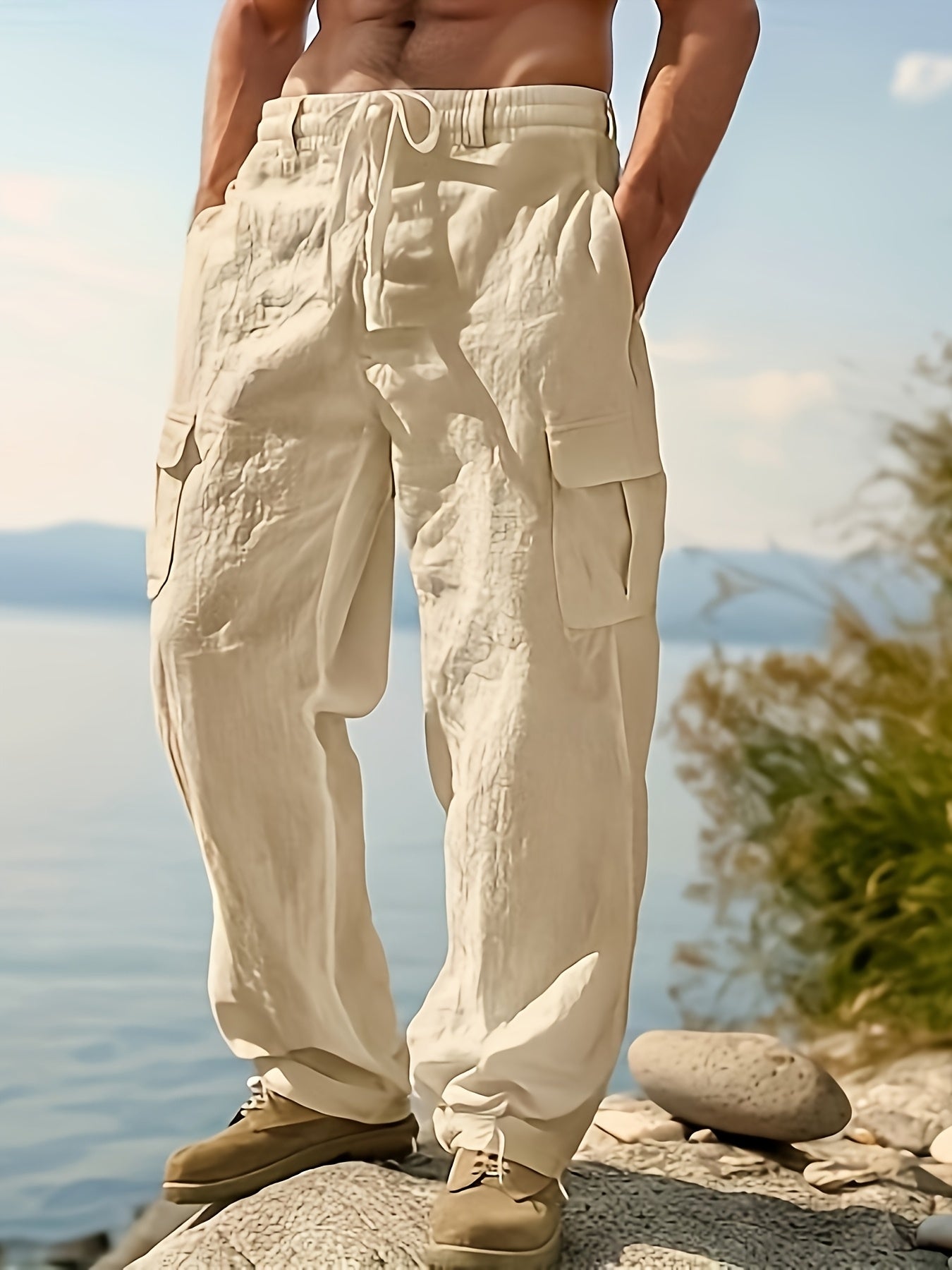 Men'S Casual Linen Cargo Pants with Multiple Pockets - Loose Fit, Drawstring Waist, Perfect for Beach, Vacation & Casual Outings, Allseason Trousers, Vacation Pants, Textured Fabric