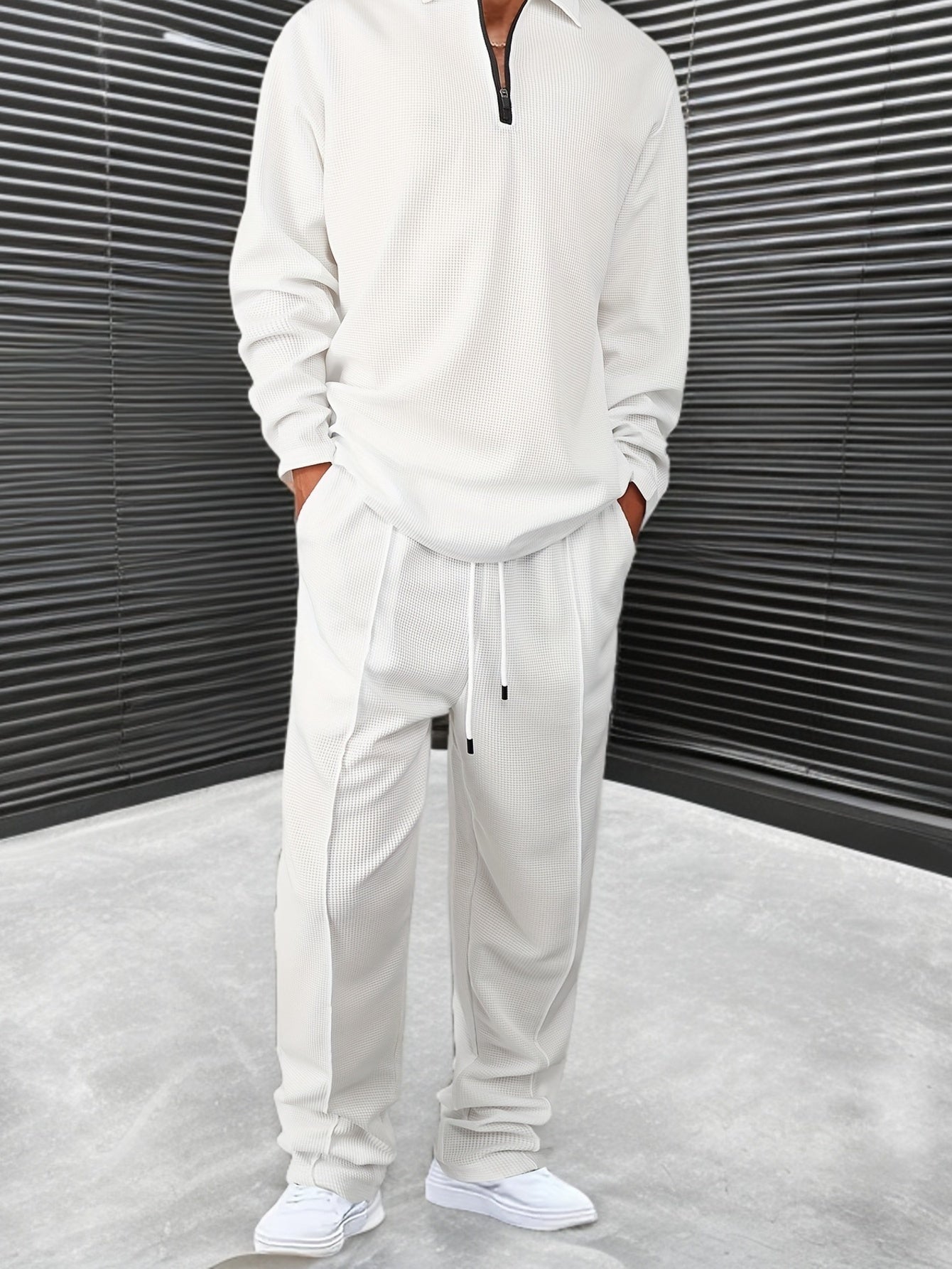 Stylish Comfortable Outfit for Daily Leisure Wear - Men's 2pcs Solid Color Plaid Casual Suit with Long Sleeve Collared Shirt and Drawstring Pants, Suitable for Spring/Autumn Men's Clothing