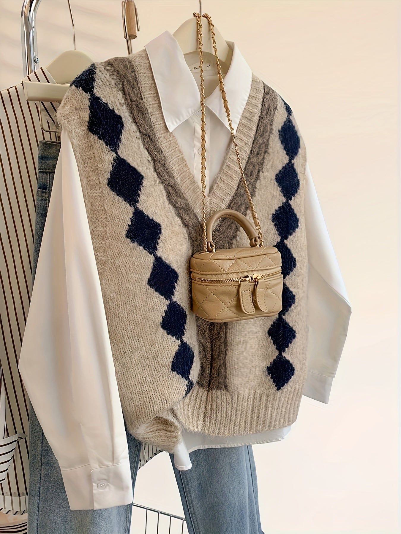 Vintage Elegant Sweater Vest | Argyle Pattern, V-neck, Color Block, Fall/Winter Collection by ELEGANTSUT