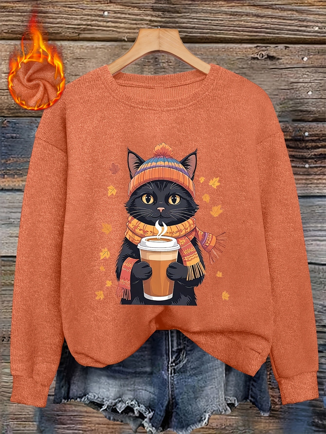 Autumn/Winter N - Coffee-Drinking Kitten Print Women's - Casual Round Neck Faux Fabric Top