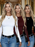 3pcs Set Women's Autumn/Winter Tops - Fashionable Stretch Base Shirts, Non-See-Through Daily Wear, Machine Washable, Multi-Scene Outfits, Classic Round Neck, Soft and Light Beige-Friendly, Trendy Fitted Long-Sleeve T-Shirts