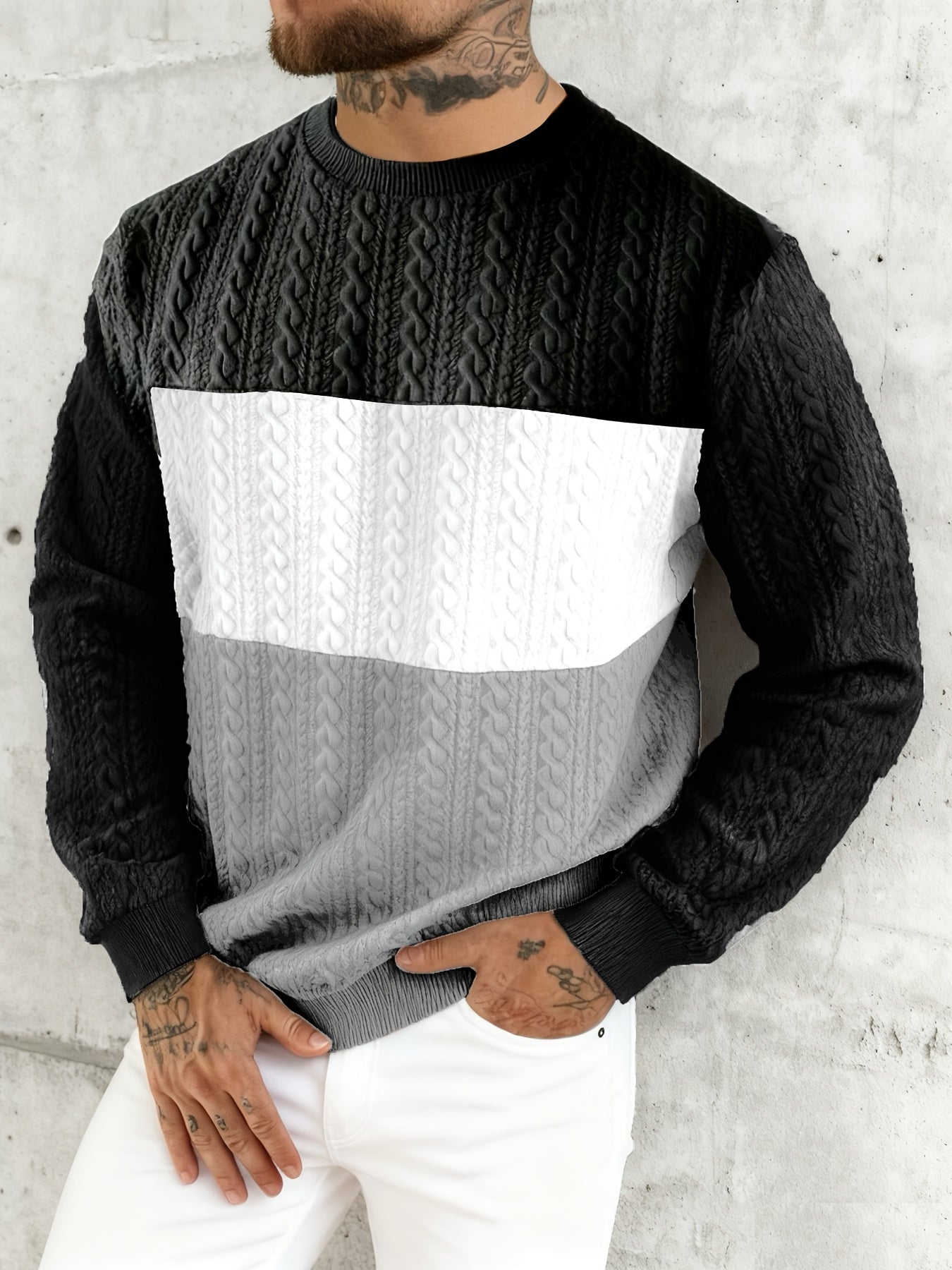 Men's Casual Crew Neck - Heart Pattern Sweatshirt - Long Sleeve with Regular Fit - Slight Stretch Fabric & Color Block Design - Perfect for Outdoor Jogging