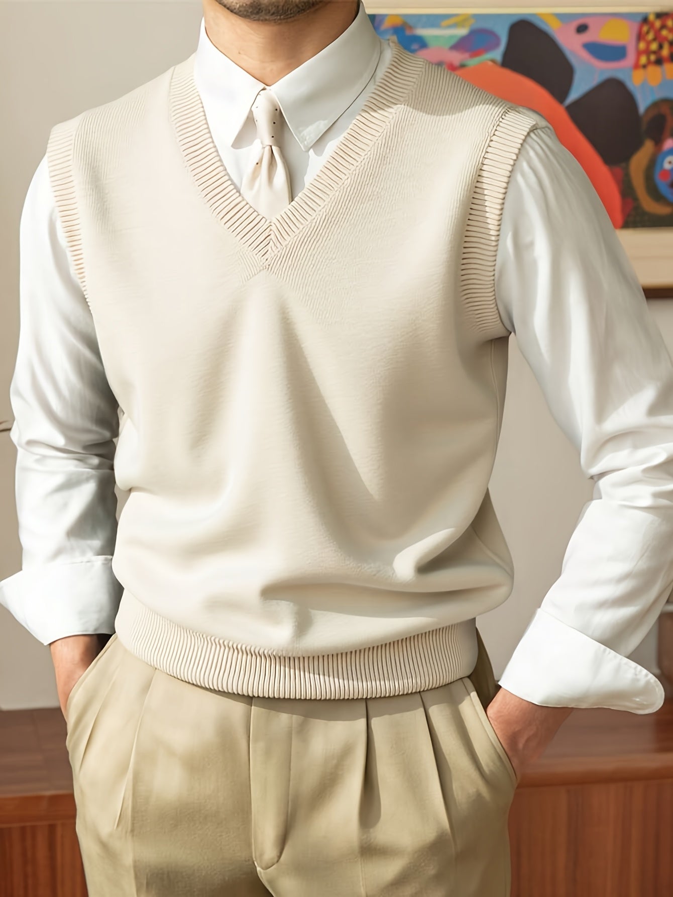 1pc Men'S Casual Street Style Vest Sweater | Comfortable and Durable Knit V-neck Vest for Autumn and Winter, Regular Fit