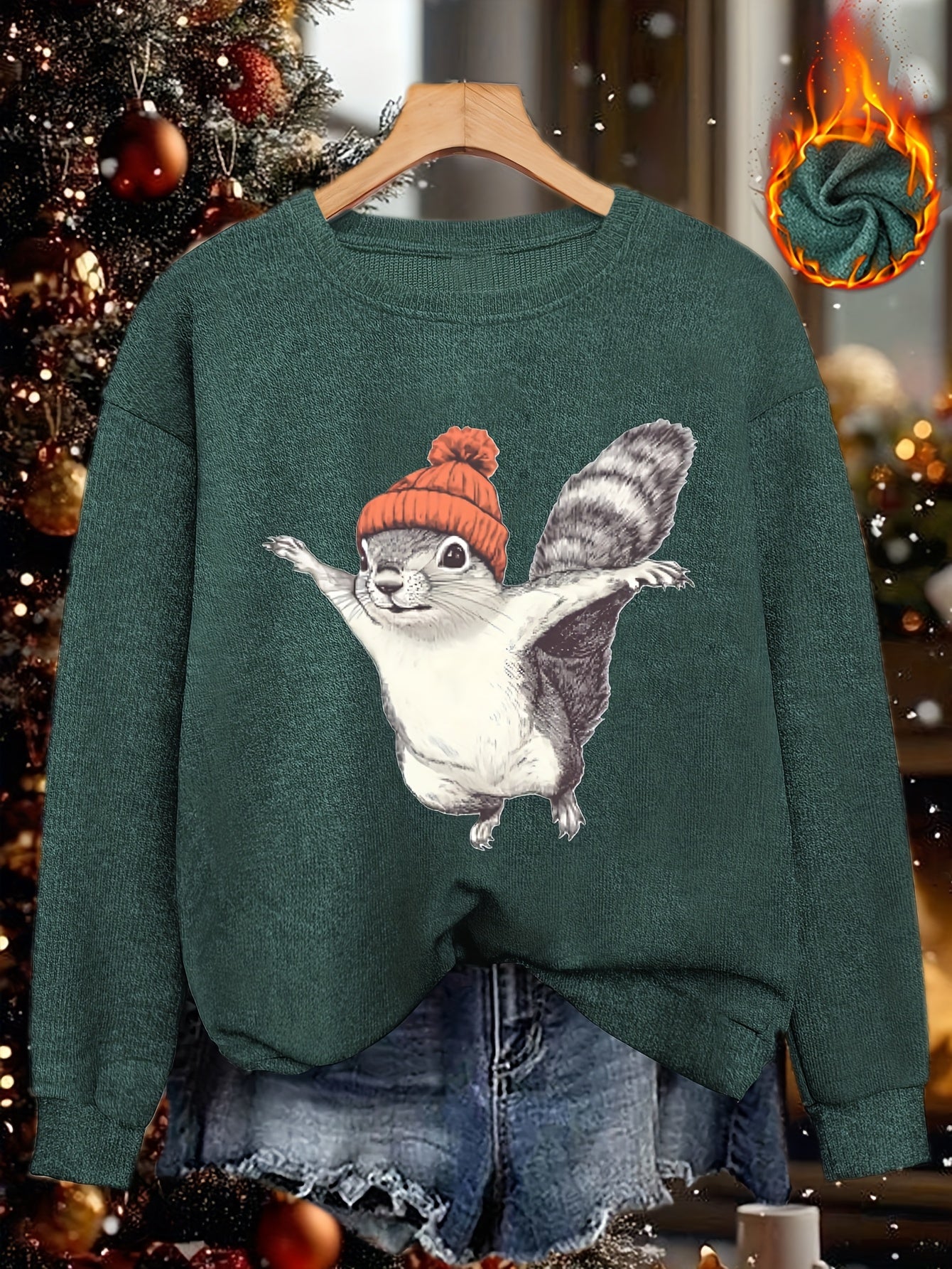 2025 Winter New Women's Warm Fabric Sweatshirt with Cute Cartoon Squirrel Print, Loose Fit Round Neck Fashion Casual Base Layer Versatile Pullover Shirt, Elegant Commuter Style for Autumn and Winter, Christmas Clothing, Christmas Gift, Gift for Mom