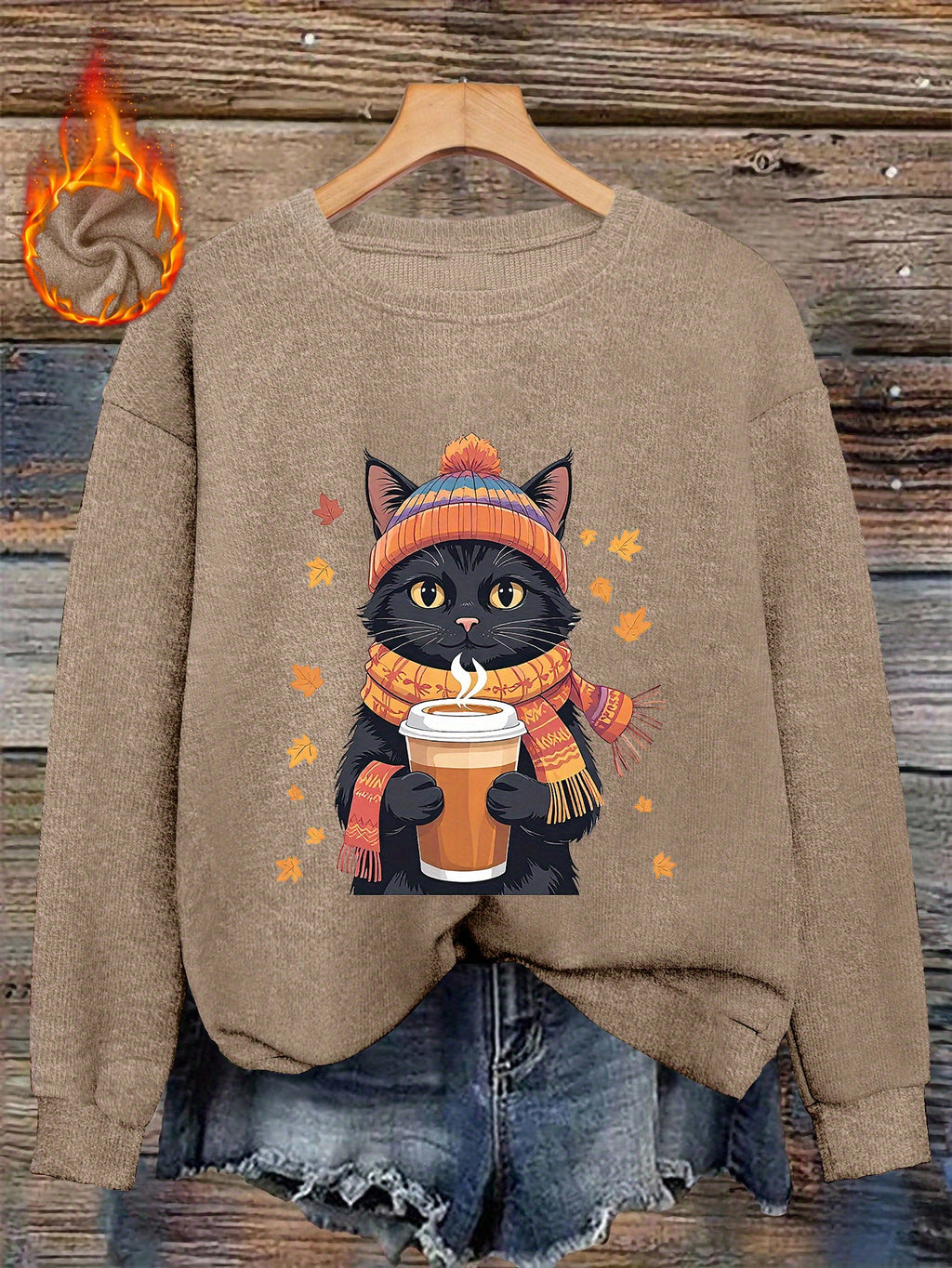 Autumn/Winter N - Coffee-Drinking Kitten Print Women's - Casual Round Neck Faux Fabric Top