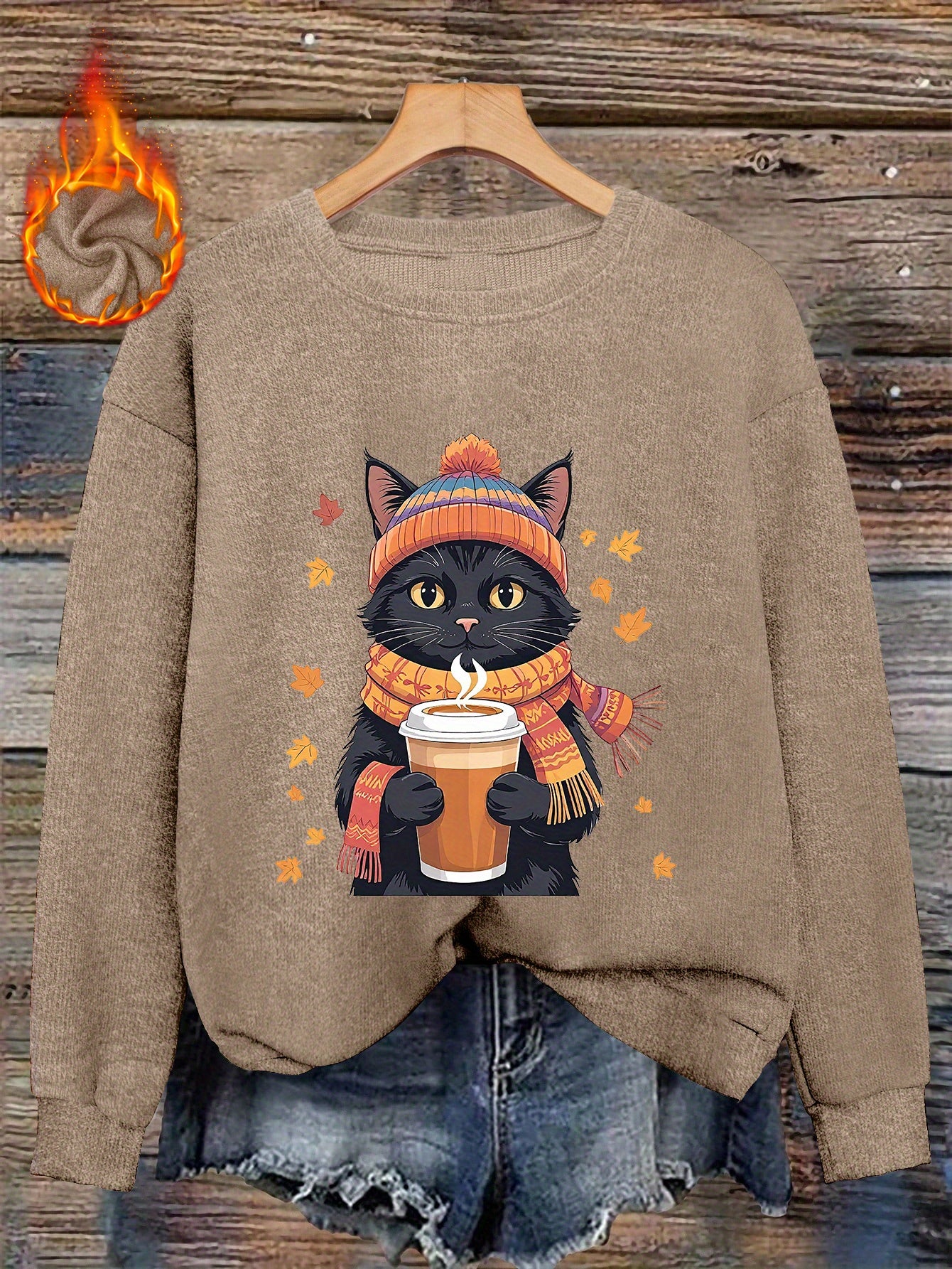 Autumn/Winter N - Coffee-Drinking Kitten Print Women's - Casual Round Neck Faux Fabric Top
