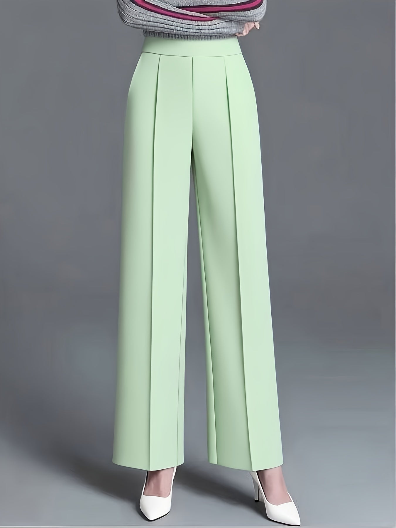 Plus Size - Plus-Size Women'S Elegant High-Waisted Wide-Leg Pants in Solid Pink/Navy Blue, Featuring a Tailored Straight Cut, Diagonal Pockets, Suitable for All Seasons, Office Casual Wear, Machine Washable, Designed Specifically for Curvy Figures.