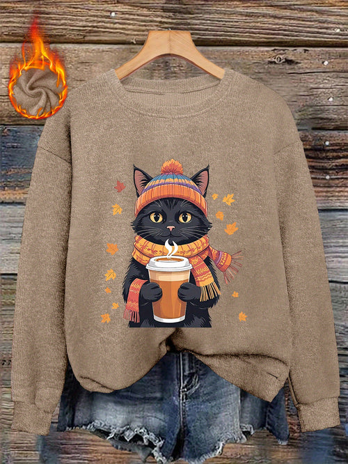 Autumn/Winter N - Coffee-Drinking Kitten Print Women's - Casual Round Neck Faux Fabric Top