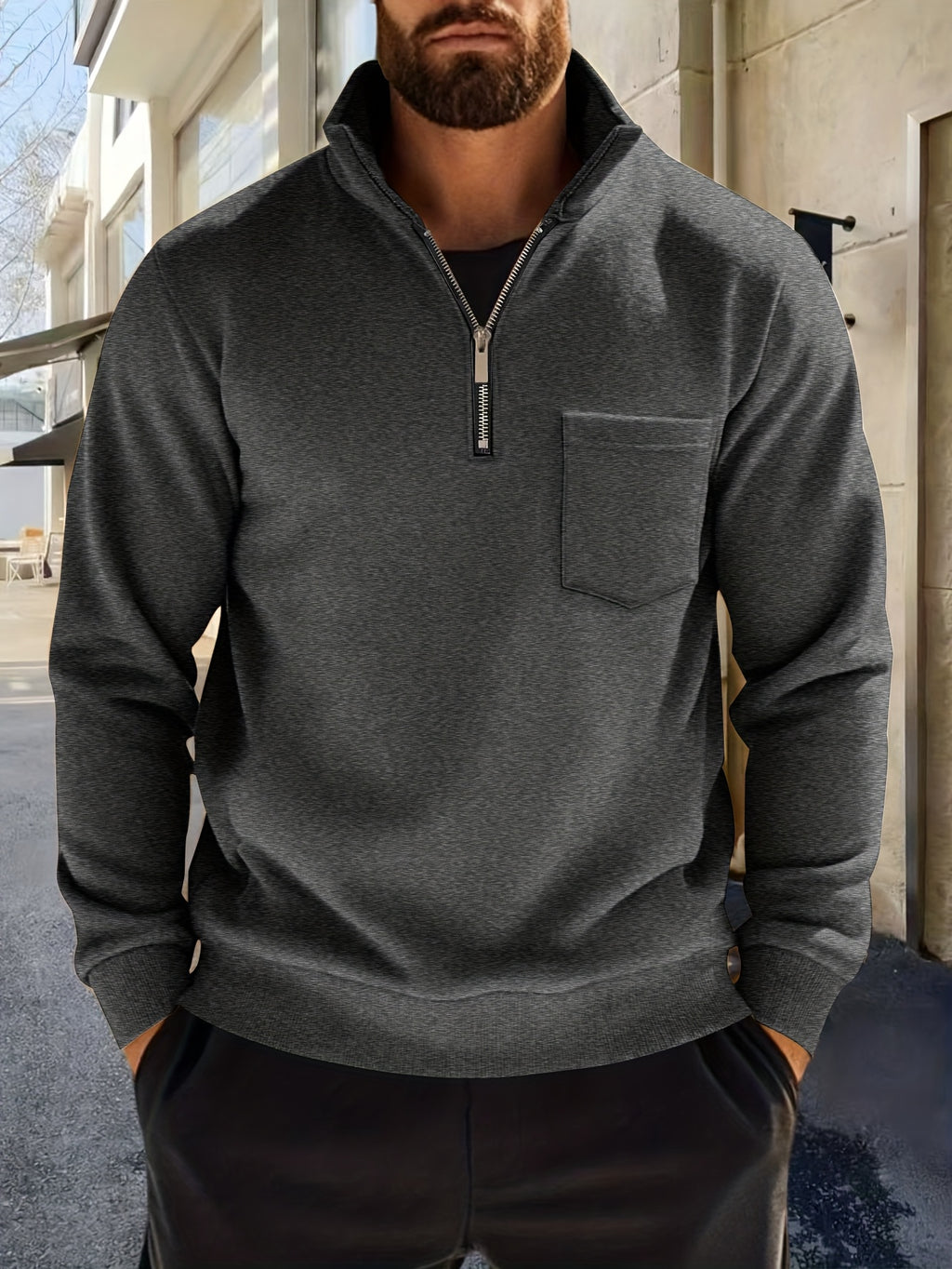 Men'S Thickened Long-Sleeve Shirt - Half-Zip, Versatile Long-Sleeve Polo Shirt, Casual And Adaptable, Featuring a Chest Pocket, Suitable for Autumn/Winter.