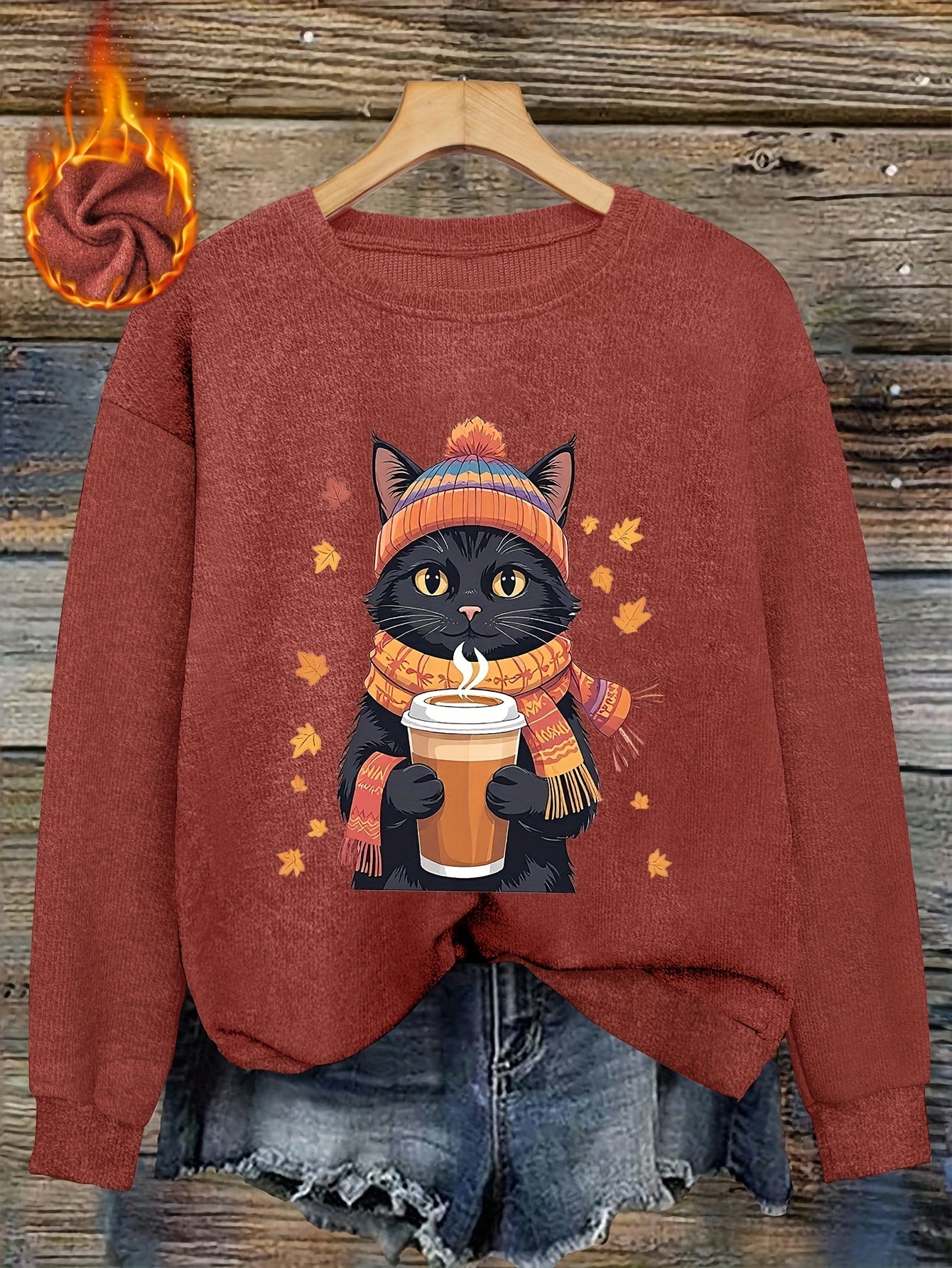 Autumn/Winter N - Coffee-Drinking Kitten Print Women's - Casual Round Neck Faux Fabric Top
