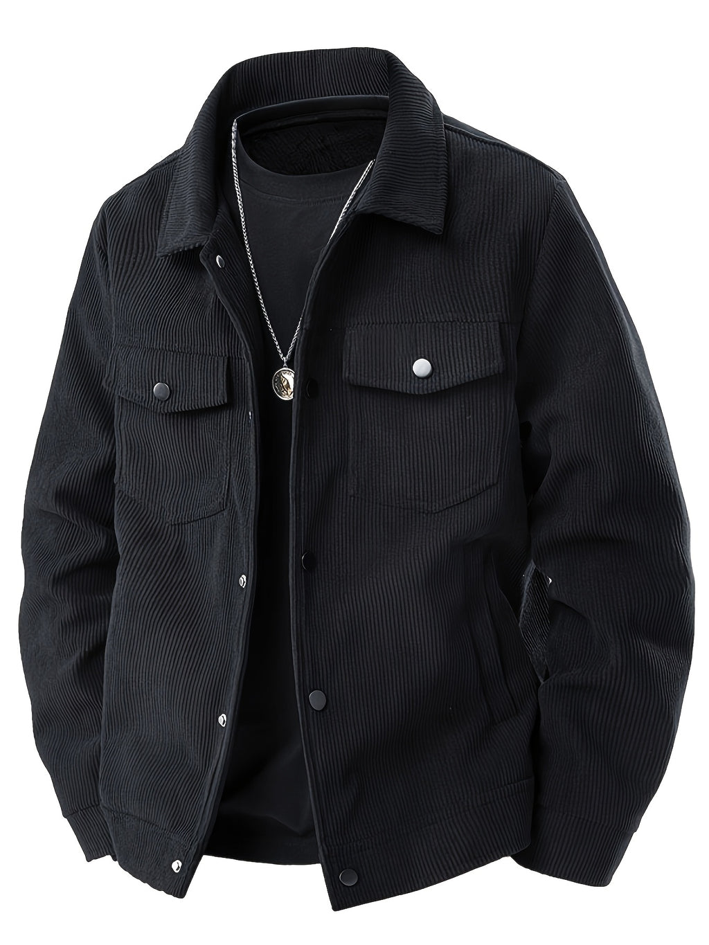 Men's Corduroy Tooling Jacket - Black, Multi-Pocket Design with Flip Pocket, Button Front, Long Sleeve, Casual Style, Machine Washable