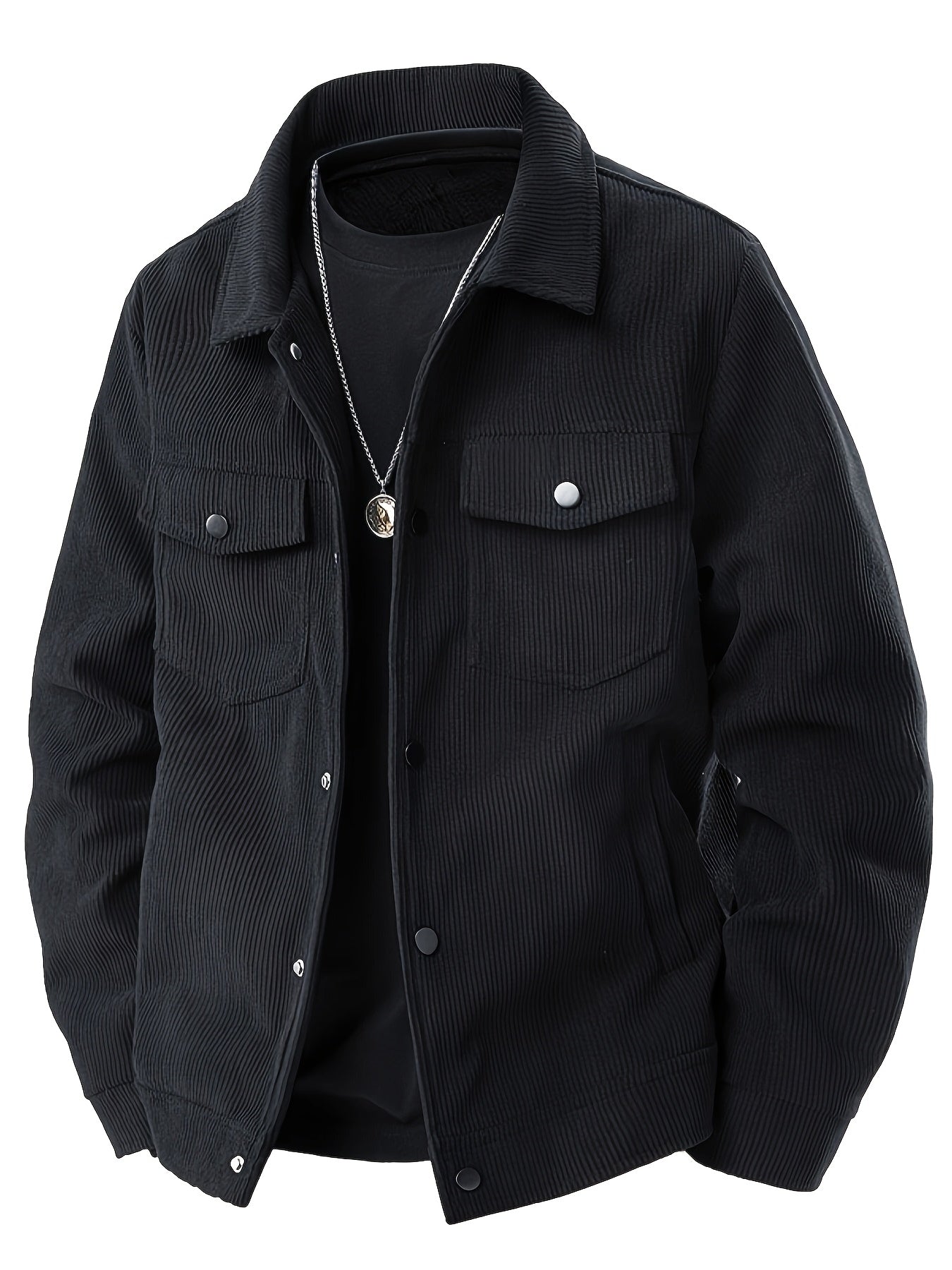 Men's Corduroy Tooling Jacket - Black, Multi-Pocket Design with Flip Pocket, Button Front, Long Sleeve, Casual Style, Machine Washable