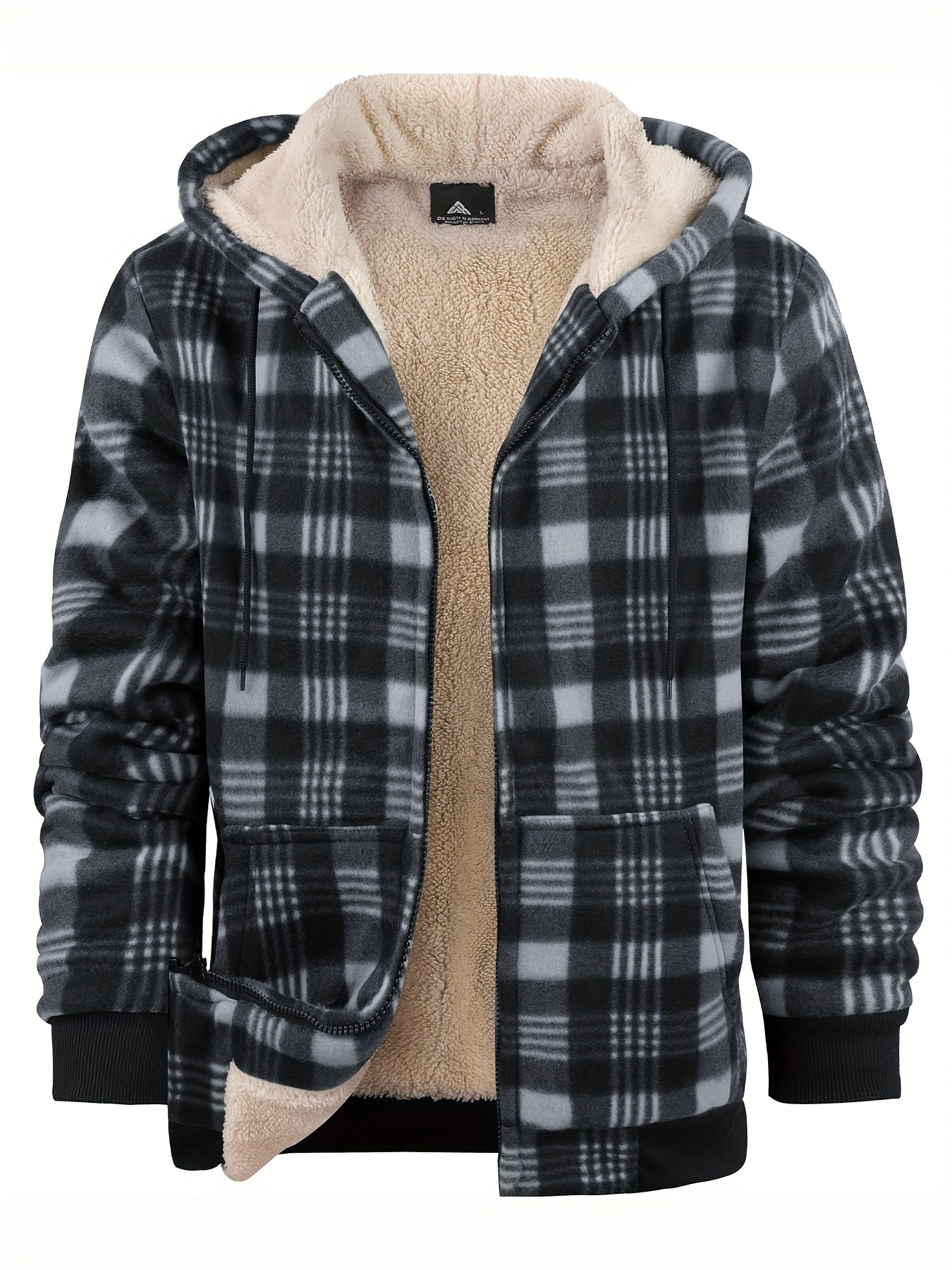 Men's Thickened Fleece Hooded Jacket with Thickened Lamb Fleece Lined Flannel Checked Shirt Jacket