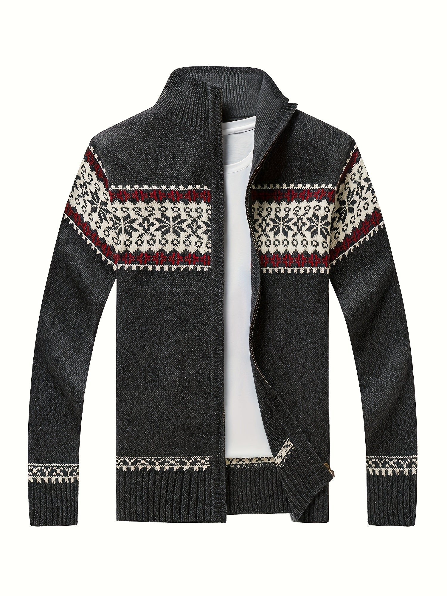 Men'S Casual Winter Knit Cardigan - Black with Intricate White Snowflake Pattern, Stand Collar, Long Sleeve, Zipper Closure, Perfect for Fall & Winter, Everyday Comfort|Stylish Winter Wear|Zippered Cardigan, Thick