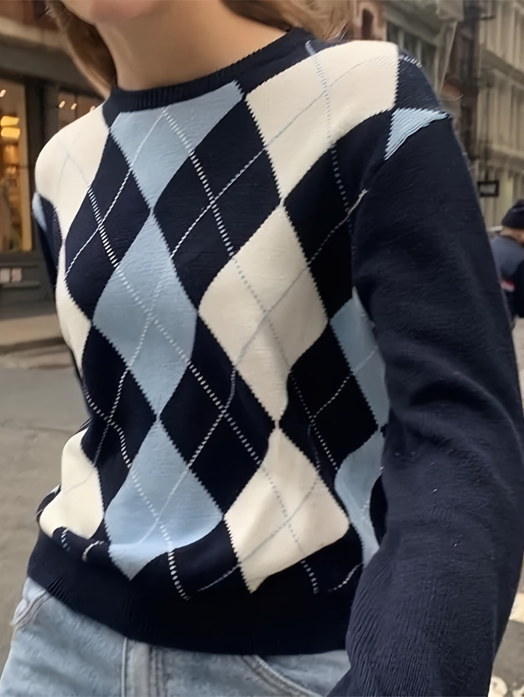 Women'S Navy and White Plaid Jumper | Elegant Crew Neck, Color Block Pattern, Suitable for All Seasons