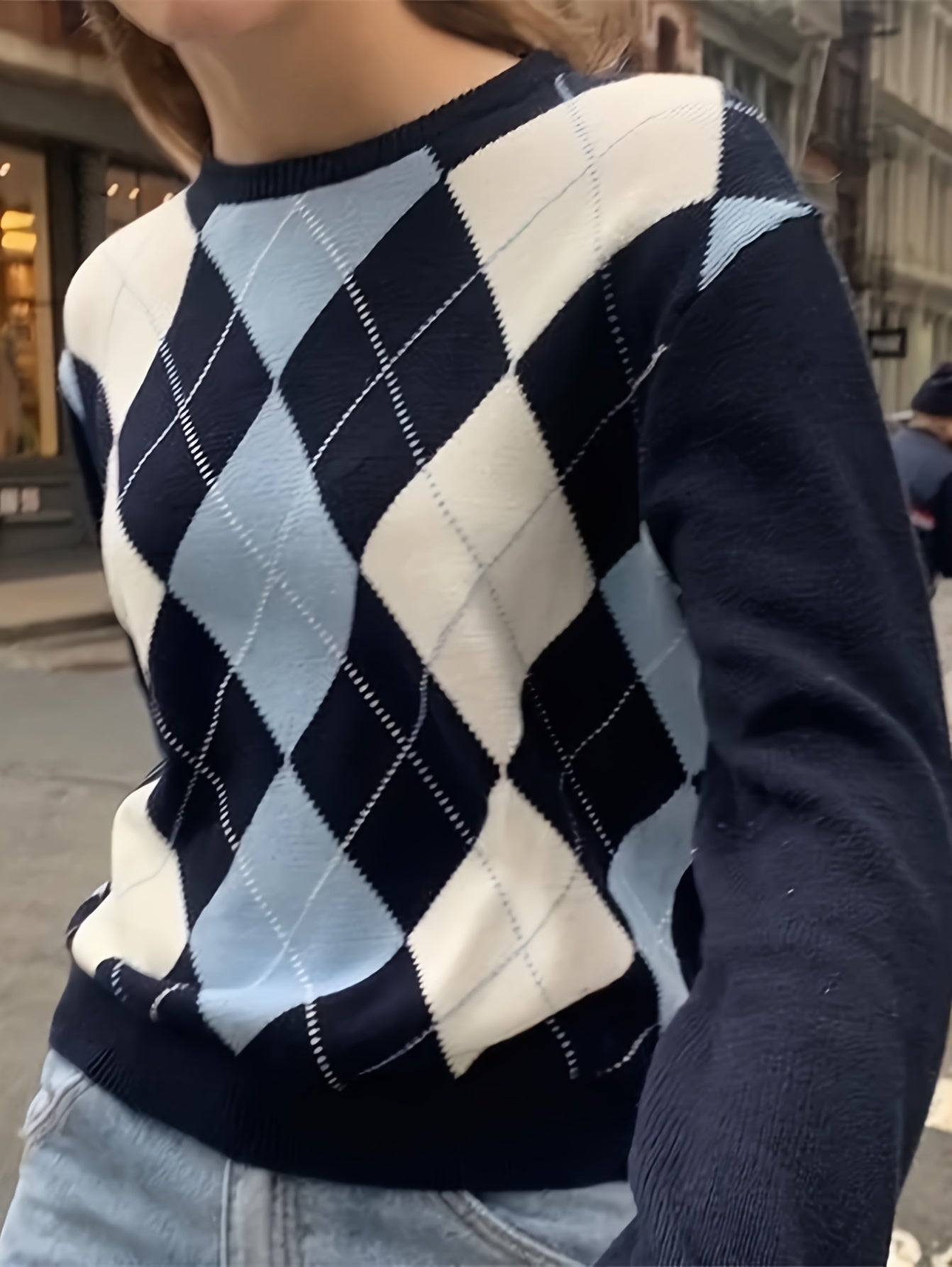 Women'S Navy and White Plaid Jumper | Elegant Crew Neck, Color Block Pattern, Suitable for All Seasons